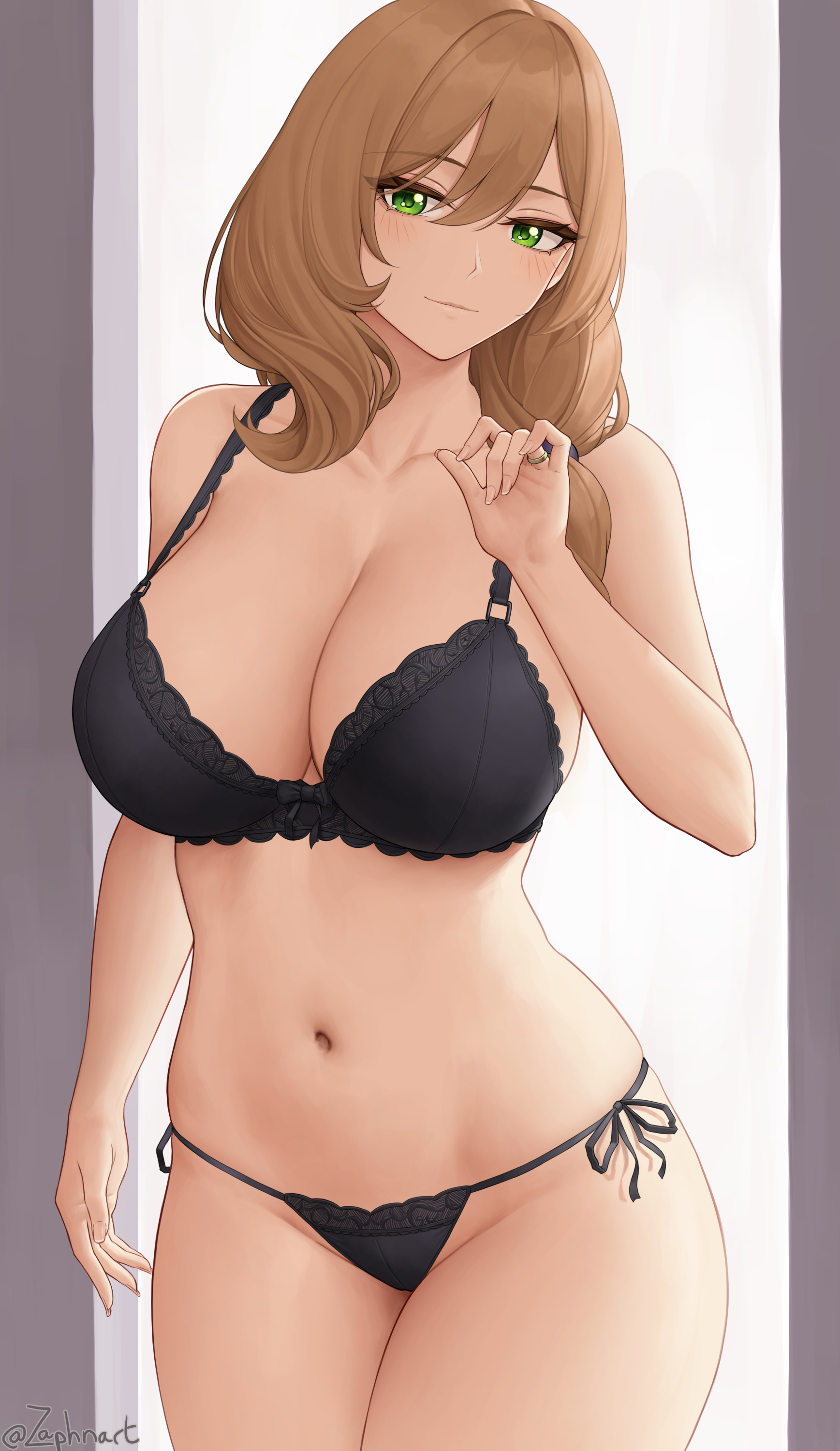 1girls, 2022, artist signature, black bra, black panties, bra, breasts, brown hair, female, female only, genshin impact, green eyes, hi res, hips, huge breasts, light blush, lisa (genshin impact), long hair, looking at viewer, mature female, milf, naughty face, panties, side ponytail, side-tie panties, simple background, slim waist, smile, thick thighs, thighs, wide hips, witch, zaphn