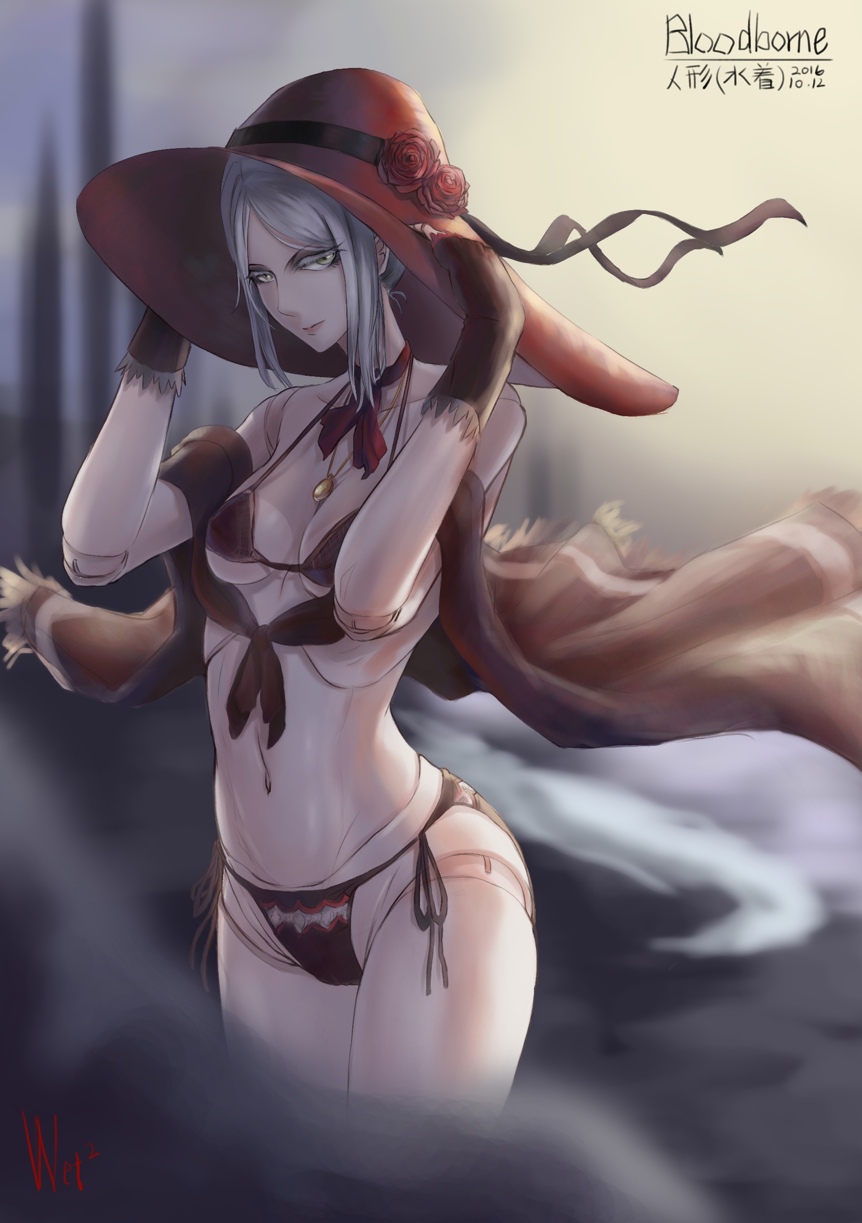 1girls, 2d, bikini, bloodborne, bra, breasts, doll, doll joints, female, female only, fingerless gloves, fromsoftware, hat, looking at viewer, neck ribbon, necklace, panties, plain doll, shawl, side-tie bikini, small breasts, solo, solo female, sun hat, underwear, wetwet, white hair