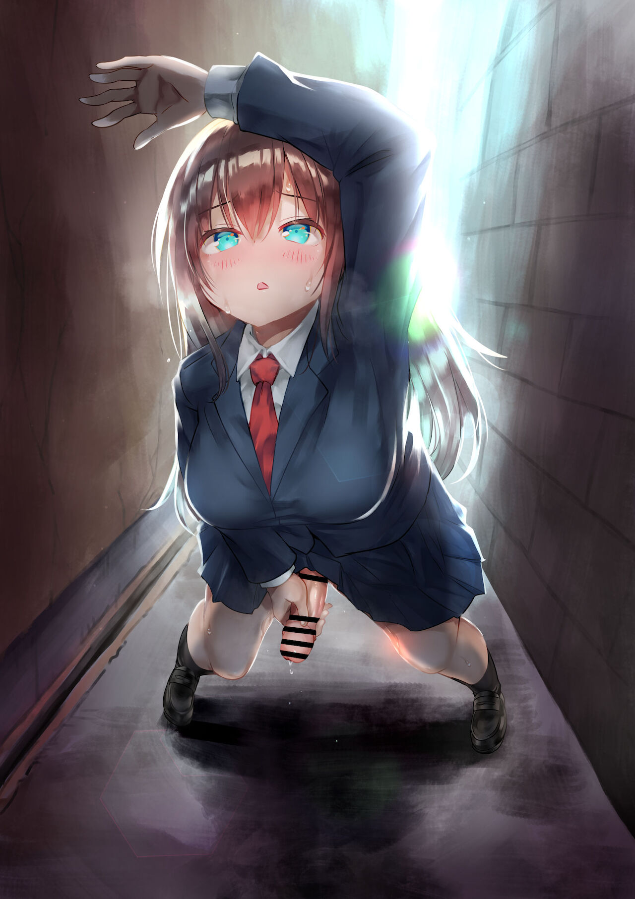 :o, 1futa, ayanakitori, blush, censor bar, censored, female, futa only, futanari, handjob, intersex, penis, penis grab, school uniform, schoolgirl, skirt