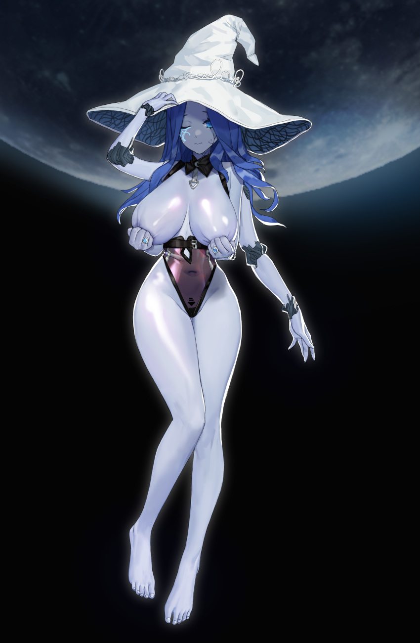 absurdres, bare legs, barefoot, blue eyes, blue hair, blue skin, breasts, colored skin, commentary request, covered navel, covering, covering nipples, eggisalive, elden ring, female, fromsoftware, full body, full moon, hand on headwear, hat, highres, large breasts, legs, long hair, looking at viewer, moon, multi arm, multi limb, one eye closed, ranni the witch, solo, thighs, toes, white headwear, witch, witch hat