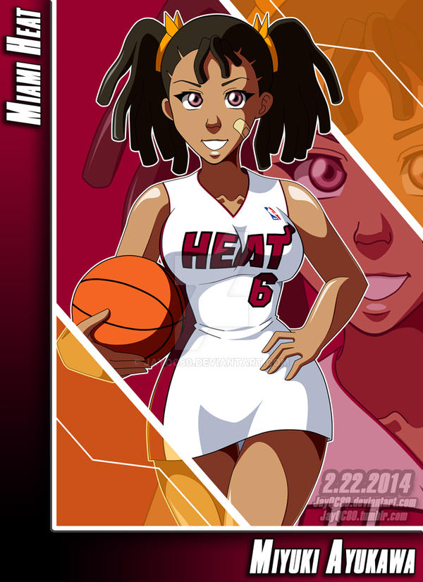 ayukawa_miyuki bandaid bandaid_on_face basketball_(ball) basketball_uniform basquash! breasts dark-skinned_female dark_skin female female_only jayqc80 looking_at_viewer miami_heat miyuki_ayukawa smiling smiling_at_viewer thighs