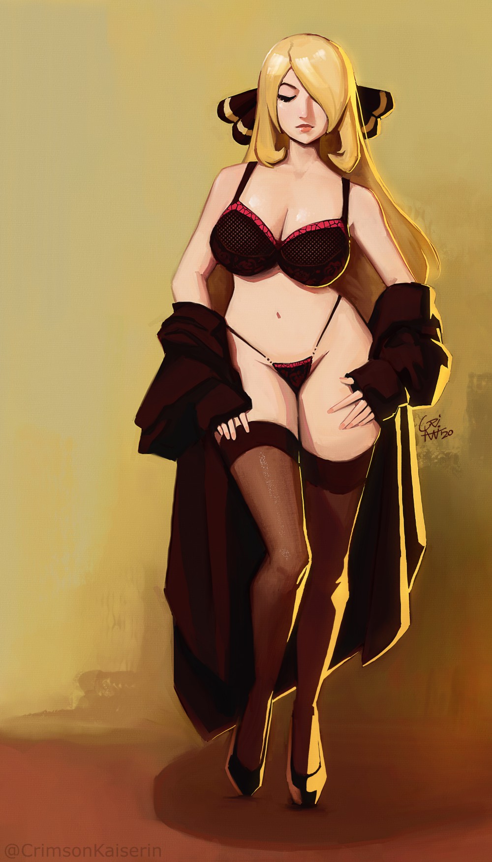 1girls, blonde hair, closed eyes, coat, crimson kaiserin, cynthia (pokemon), female, female only, full body, heels, hi res, high heels, lingerie, long hair, nintendo, pokemon, pokemon dppt, skimpy, solo, solo female, stockings, string panties
