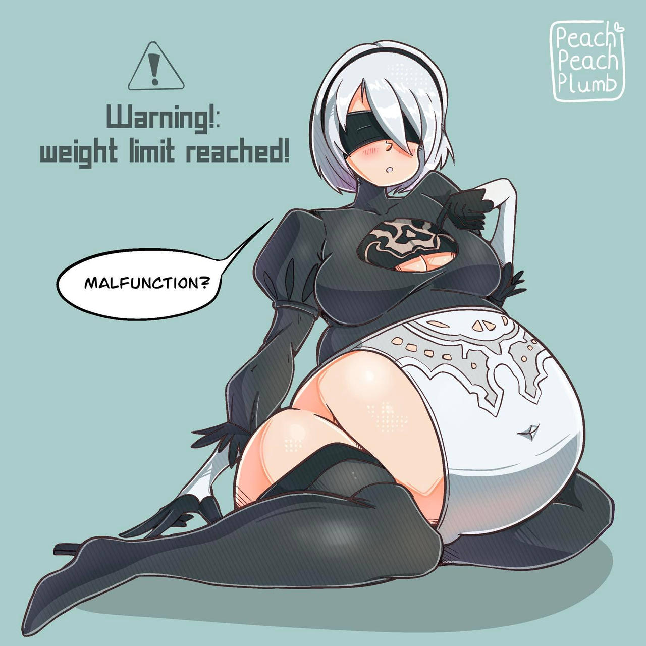 1girls bbw belly big_belly blindfold blue_background breasts chubby clothing english_text fat female female_only hairband huge_belly light-skinned_female light_skin nier nier:_automata peachpeachplumb solo solo_female text thick_thighs thighhighs white_hair yorha_2b