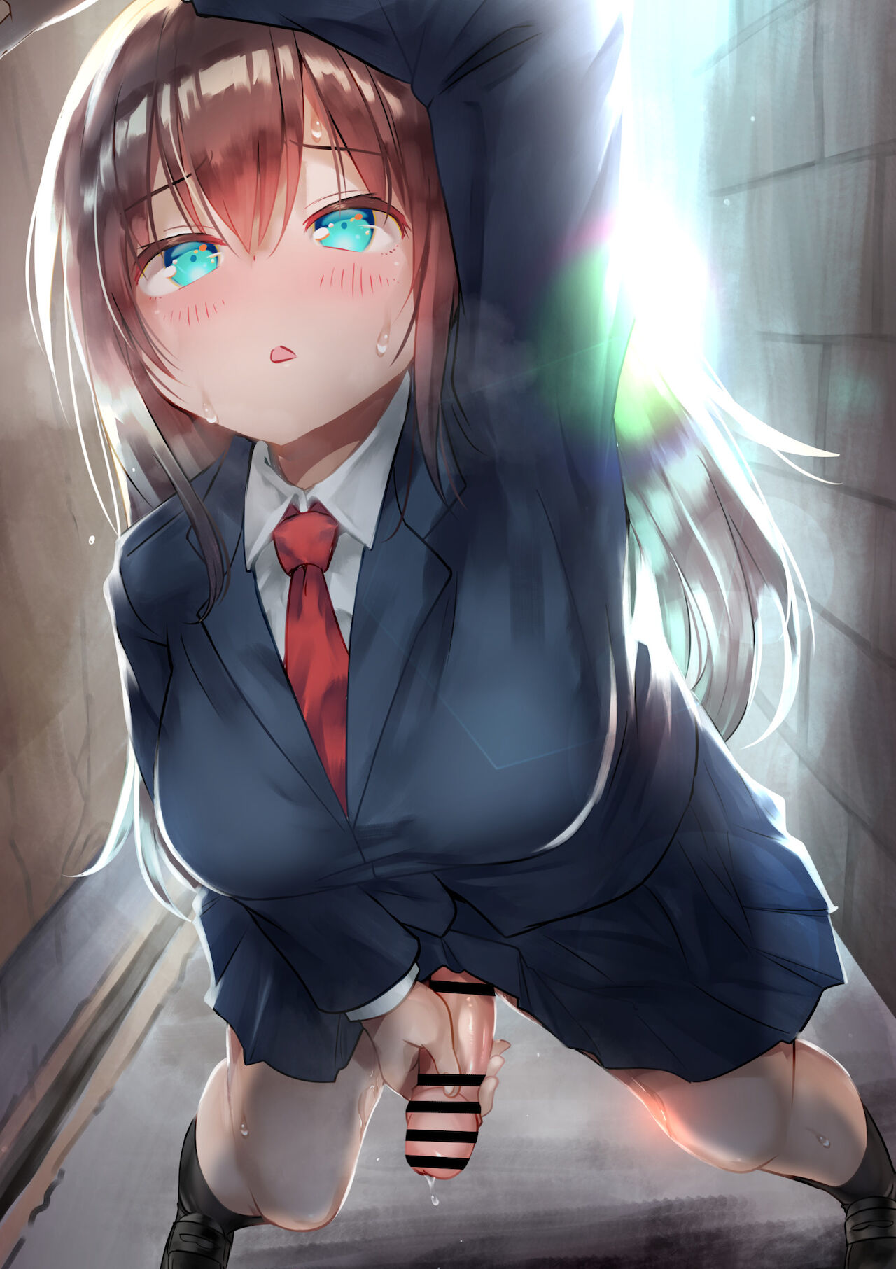 :o, 1futa, against wall, ayanakitori, blush, bottomless, brown hair, censor bar, censored, clothed, clothing, female, front view, futa only, futanari, handjob, intersex, knees together feet apart, light skin, light-skinned futa, long hair, masturbation, mostly clothed, penis, penis grab, school uniform, schoolgirl, skirt, solo, standing