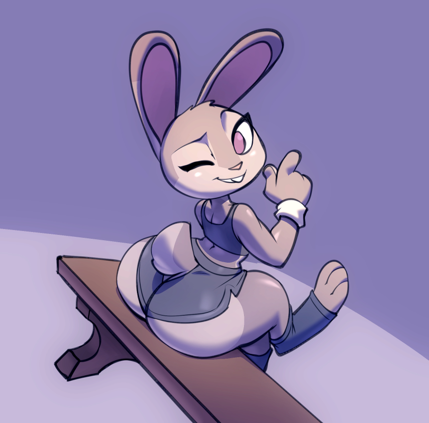 1girls, 2022, anthro, ass, ass cleavage, ass crack, big ass, big butt, bigdad, bunny ears, butt crack, clothed, clothing, disney, female, female focus, female only, fur, furry, furry only, grey fur, huge ass, judy hopps, lagomorph, leporid, looking at viewer, looking back, looking back at viewer, mammal, one eye closed, rabbit, shorts, shortstack, sitting, smaller female, solo, tail, teeth, thick thighs, thighs, wink, zootopia
