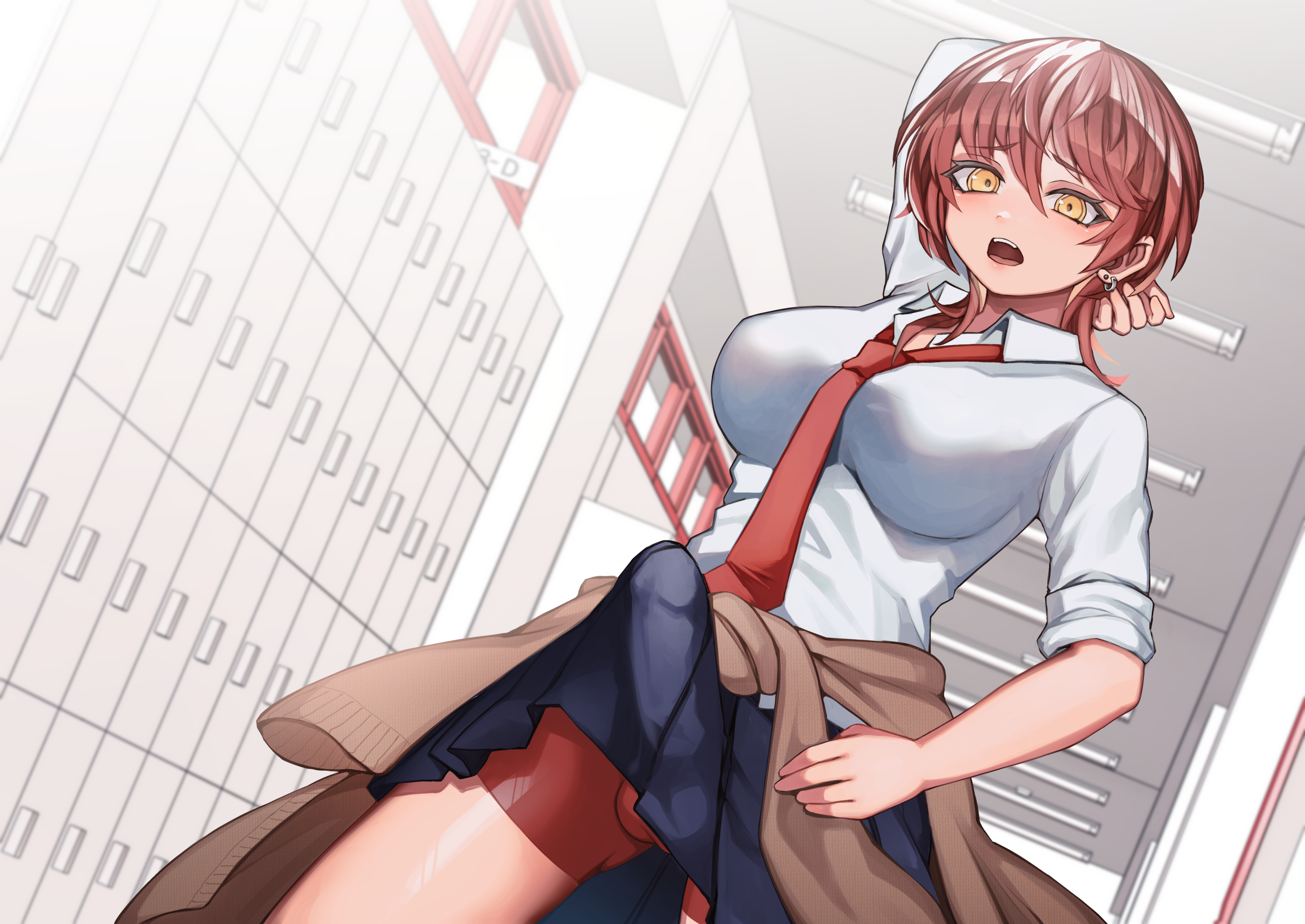 1futa, big breasts, big penis, blush, breasts, clothed, clothing, erection, erection under clothes, erection under skirt, female, futa only, futanari, human, intersex, light skin, light-skinned female, light-skinned futa, looking at viewer, mostly clothed, pale skin, penis, school, school uniform, schoolgirl, shima (artist), skirt, solo, standing, tenting