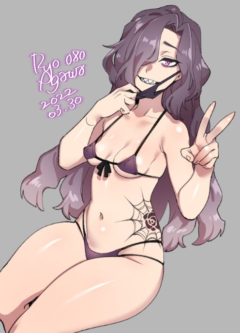 1girls, bikini, breasts, female, female only, long hair, looking at viewer, midriff, mouth mask, navel, original, original character, peace sign, purple eyes, ryo agawa, sharp teeth, small breasts, smile, solo, solo female, swimsuit, tattoo, thick thighs, thighs