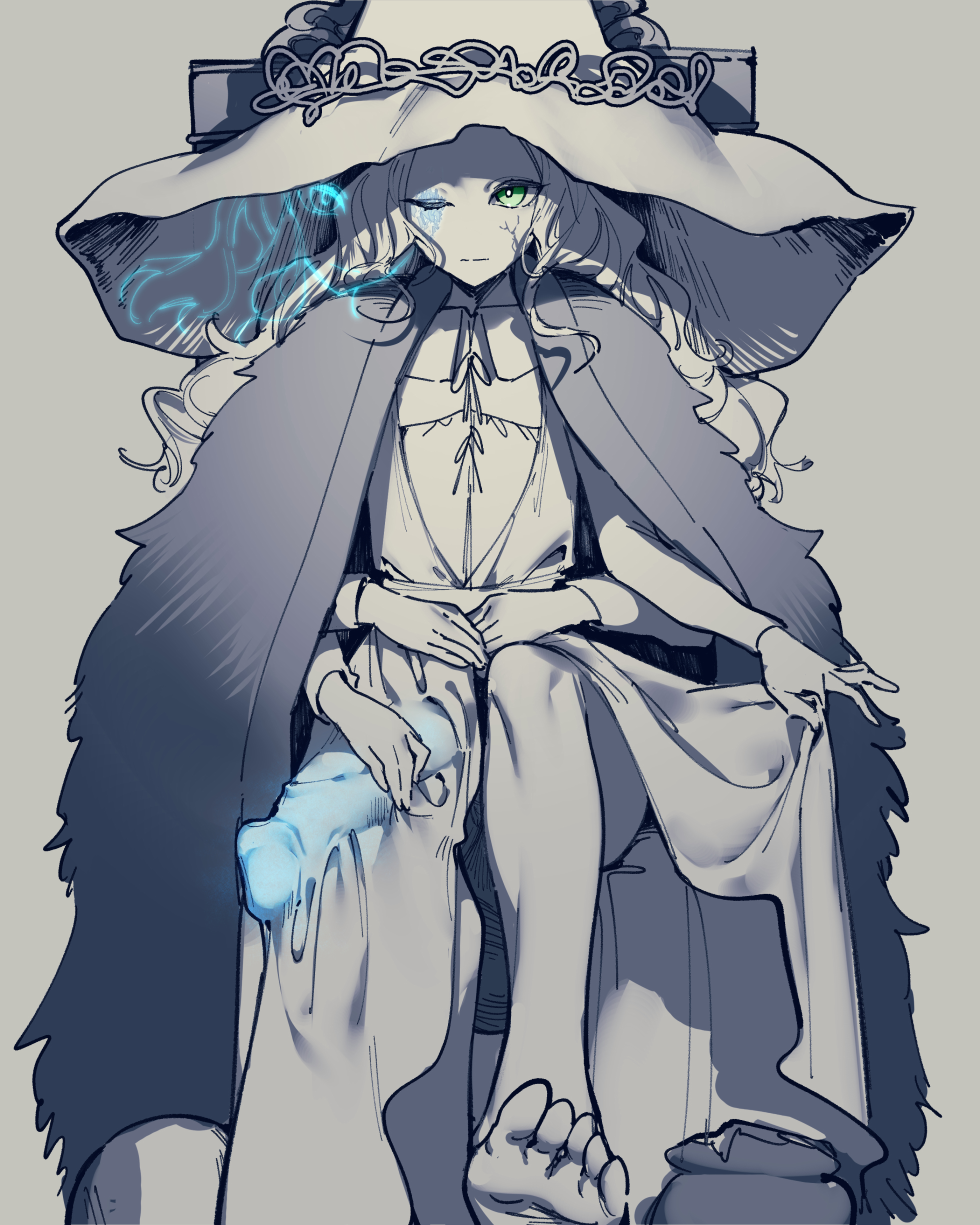 1futa, blue eyes, blue hair, blue penis, blue skin, clothed, clothing, doll, doll joints, elden ring, erection, erection under clothes, fromsoftware, futa only, futanari, glowing, glowing penis, hat, huge cock, humanoid, humanoid penis, intersex, long hair, mirin chikuwa, monochrome, mostly clothed, multi arm, multi face, multi limb, penis, penis under clothes, ranni the witch, solo, standing, witch hat