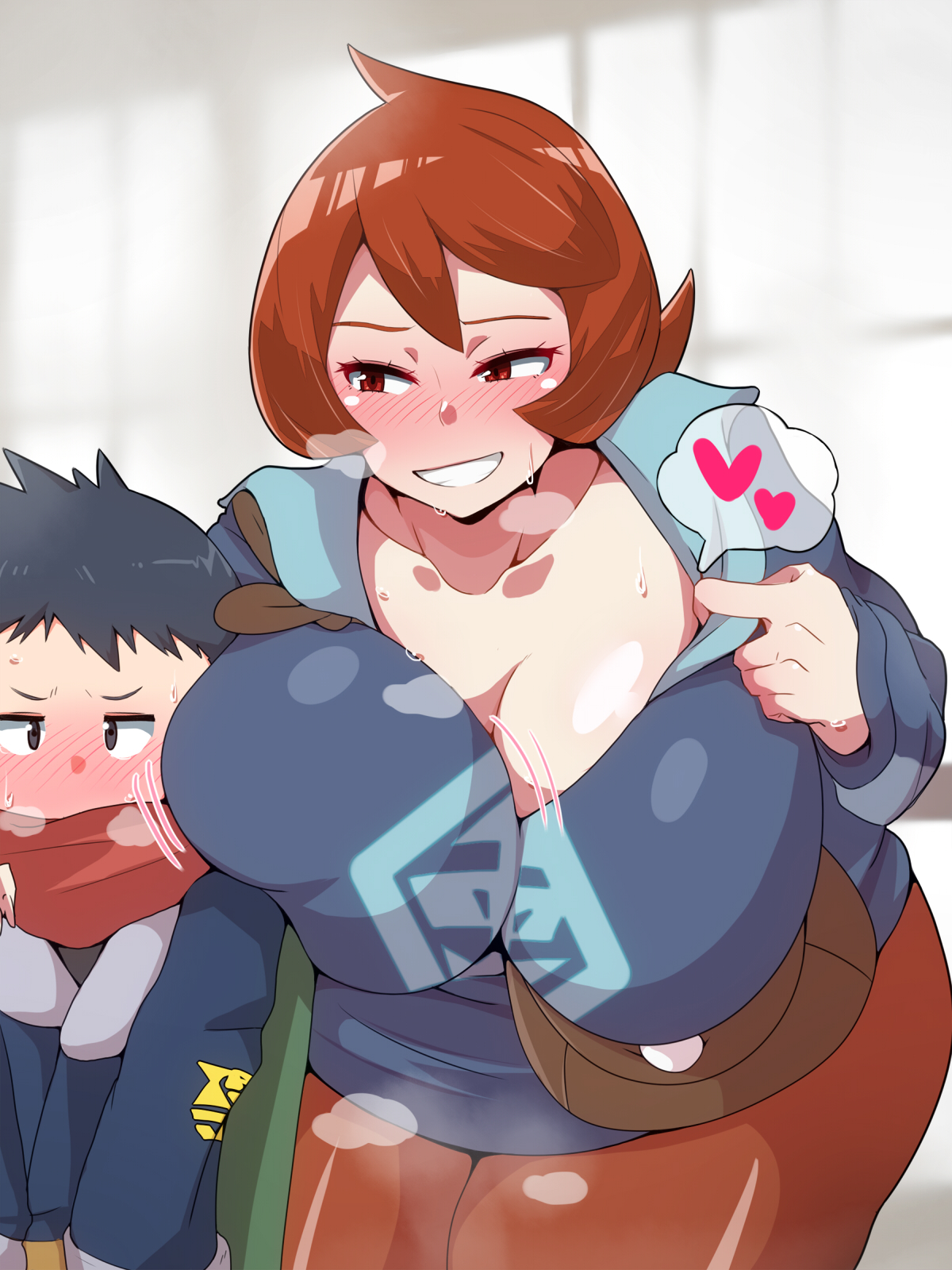 1boy, 1girls, alternate breast size, arezu (pokemon), big breasts, blush, breasts, dettonnn, female, fully clothed, game freak, huge breasts, male, nintendo, pokemon, pokemon legends: arceus, red eyes, red hair, rei (pokemon), scarf, short hair, spoken heart, teasing, thick thighs, voluptuous