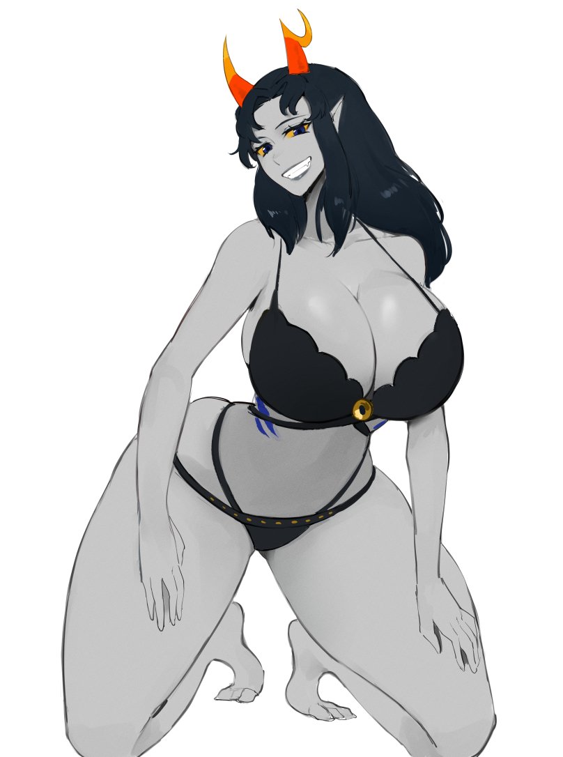 1girls, 2022, black bra, black hair, black panties, blue eyes, bra, breasts, chabyr scylah, chabyr scylah (yaridovich23), commission, female, female only, grey skin, grin, hips, homestuck, horns, huge breasts, kisou, long hair, looking at viewer, panties, pointy ears, simple background, slim waist, smile, thick thighs, thighs, white background, wide hips, yellow sclera