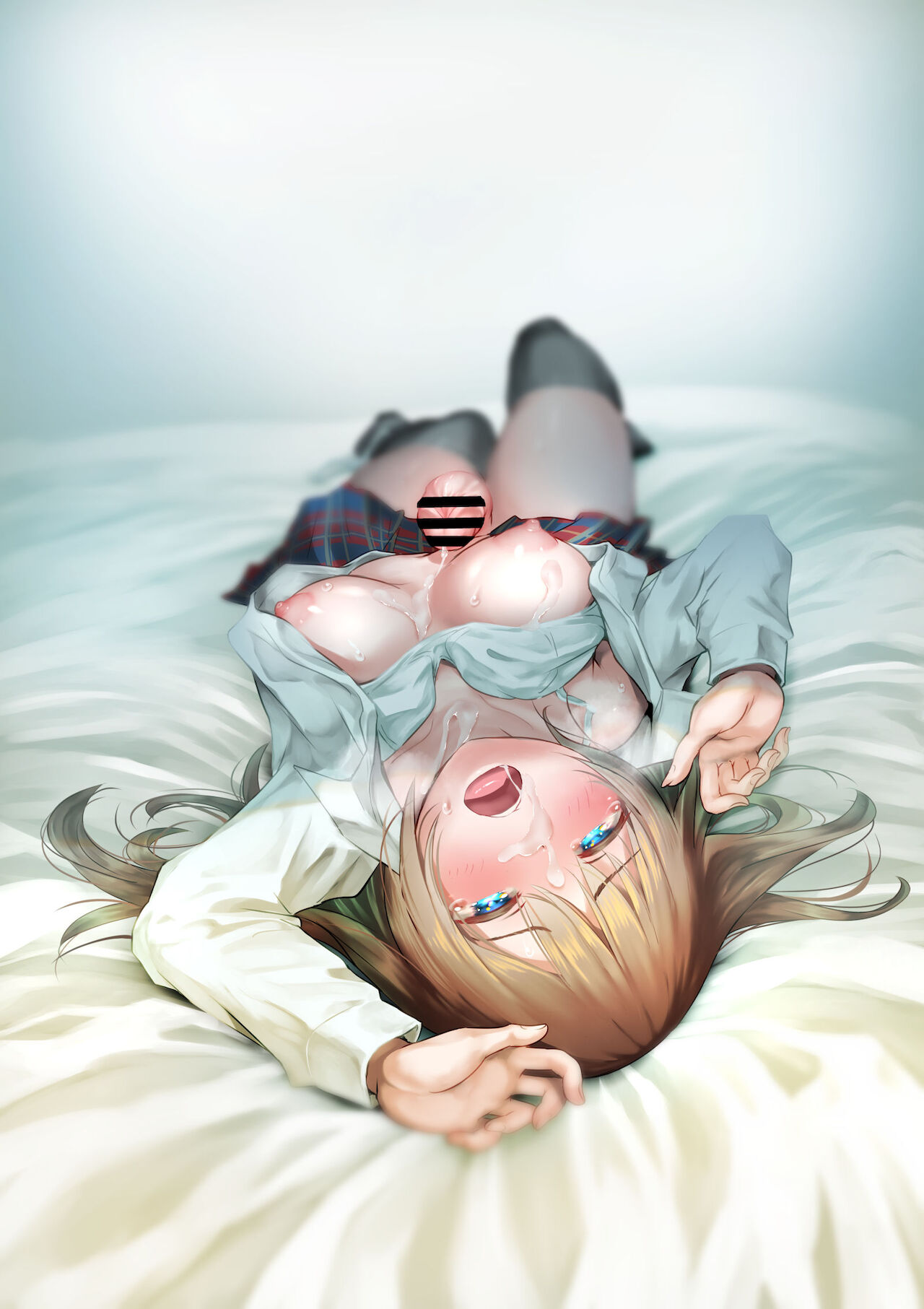 1futa, after orgasm, ayanakitori, blush, breasts, censor bar, censored, cum, cum on breasts, cum on face, female, futa only, futanari, intersex, looking at viewer, penis, school uniform, schoolgirl, skirt, thighhighs