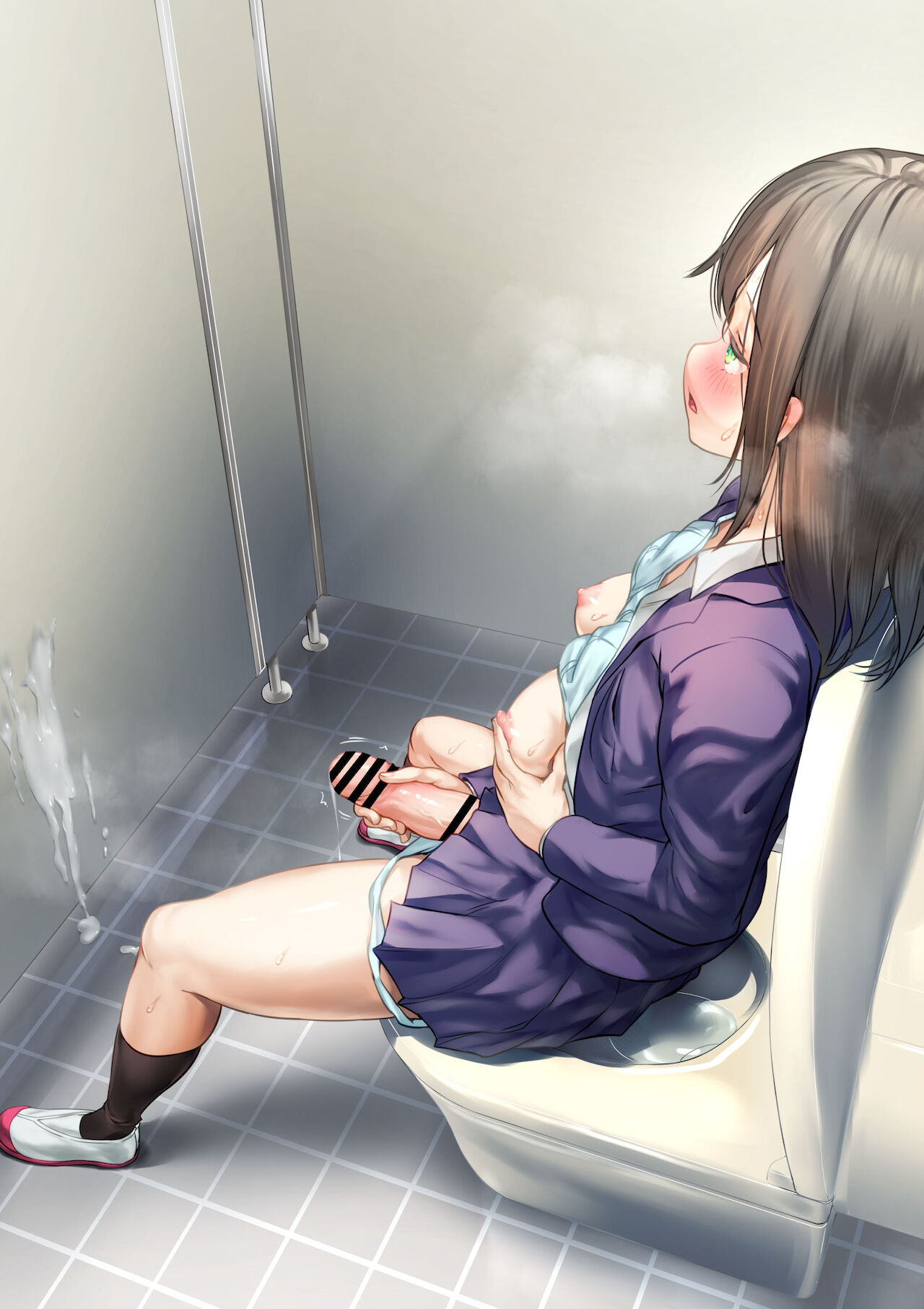 1futa, after masturbation, after orgasm, ayanakitori, bangs, bathroom, big penis, black hair, blue bra, blue panties, blue skirt, blush, bra, bra lift, breasts, censored, clothed, clothing, commentary request, cum, dress shirt, erection, eyebrows visible through hair, female, futa only, futanari, green eyes, groping, hand on own penis, highres, human, intersex, light skin, light-skinned futa, long sleeves, masturbation, medium breasts, medium hair, mostly clothed, motion lines, nipple tweak, nipples, original, pale skin, panties, penis, school uniform, shirt, sitting, skirt, solo, thighs, toilet, toilet stall, underwear, uniform, white shirt