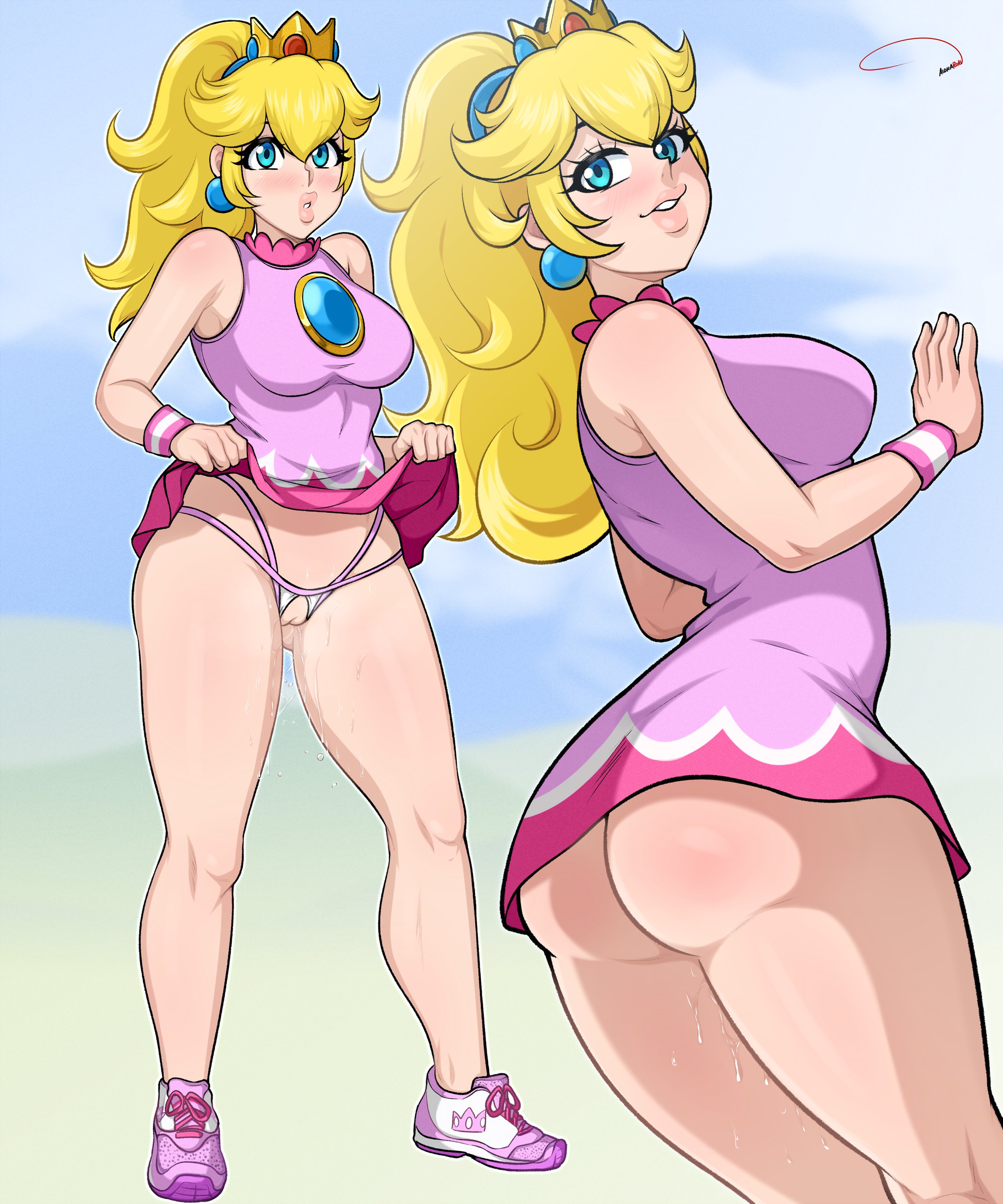 1girls, aldharoku, ass, big ass, big breasts, big lips, blonde hair, blue eyes, blush, breasts, eye contact, female, female focus, female only, genital fluids, lips, long hair, looking at viewer, mario (series), mario tennis, multiple images, nintendo, princess peach, pussy, skirt, solo, thick lips, thick thighs