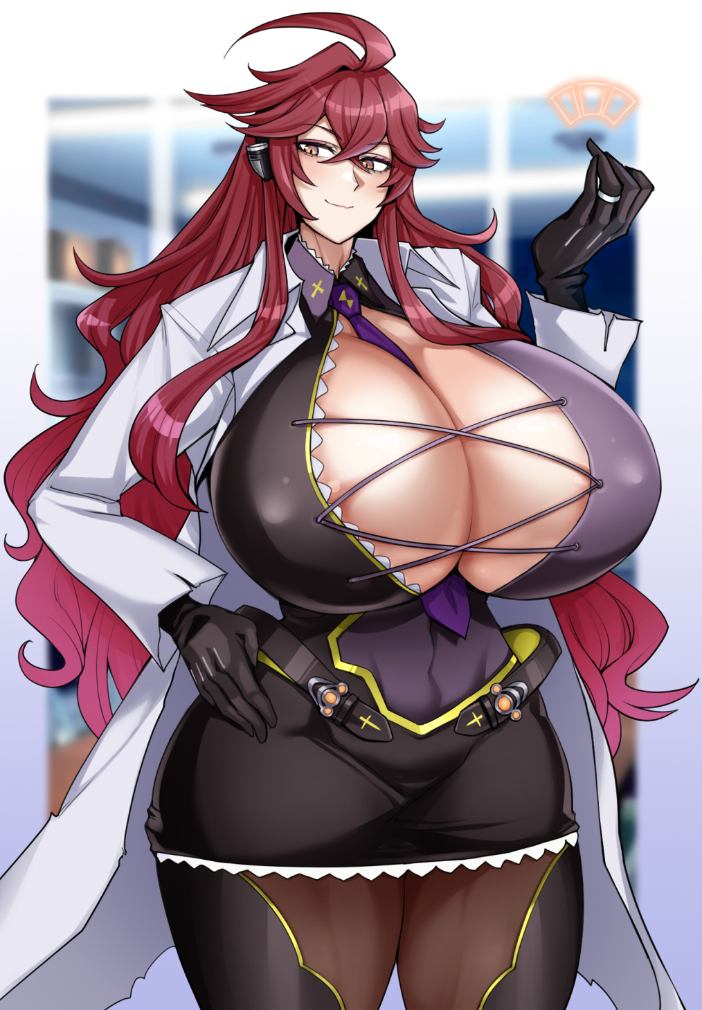 10s 1girls 2016 ahoge areola_slip areolae bakunyuu bangs between_breasts black_glove black_microskirt black_miniskirt black_skirt blurry_background breasts cleavage cowboy_shot cross-laced_clothes curvaceous enormous_breasts female full_cleavage fully_clothed hair_between_eyes hand_on_hip hand_under_clothes hi_res high_resolution highres hourglass_figure huge_areolae huge_breasts hundred jewelry labcoat long_hair long_sidelocks massive_breasts microskirt minigirl miniskirt nakatomo necktie_between_breasts neckwear_between_breasts overflowing_breasts pantyhose purple_necktie purple_neckwear red_hair ring sidelocks single_female single_girl solo solo_female solo_focus standing top_heavy top_heavy_breasts very_long_hair vitaly_tynyanov voluptuous yellow_eyes