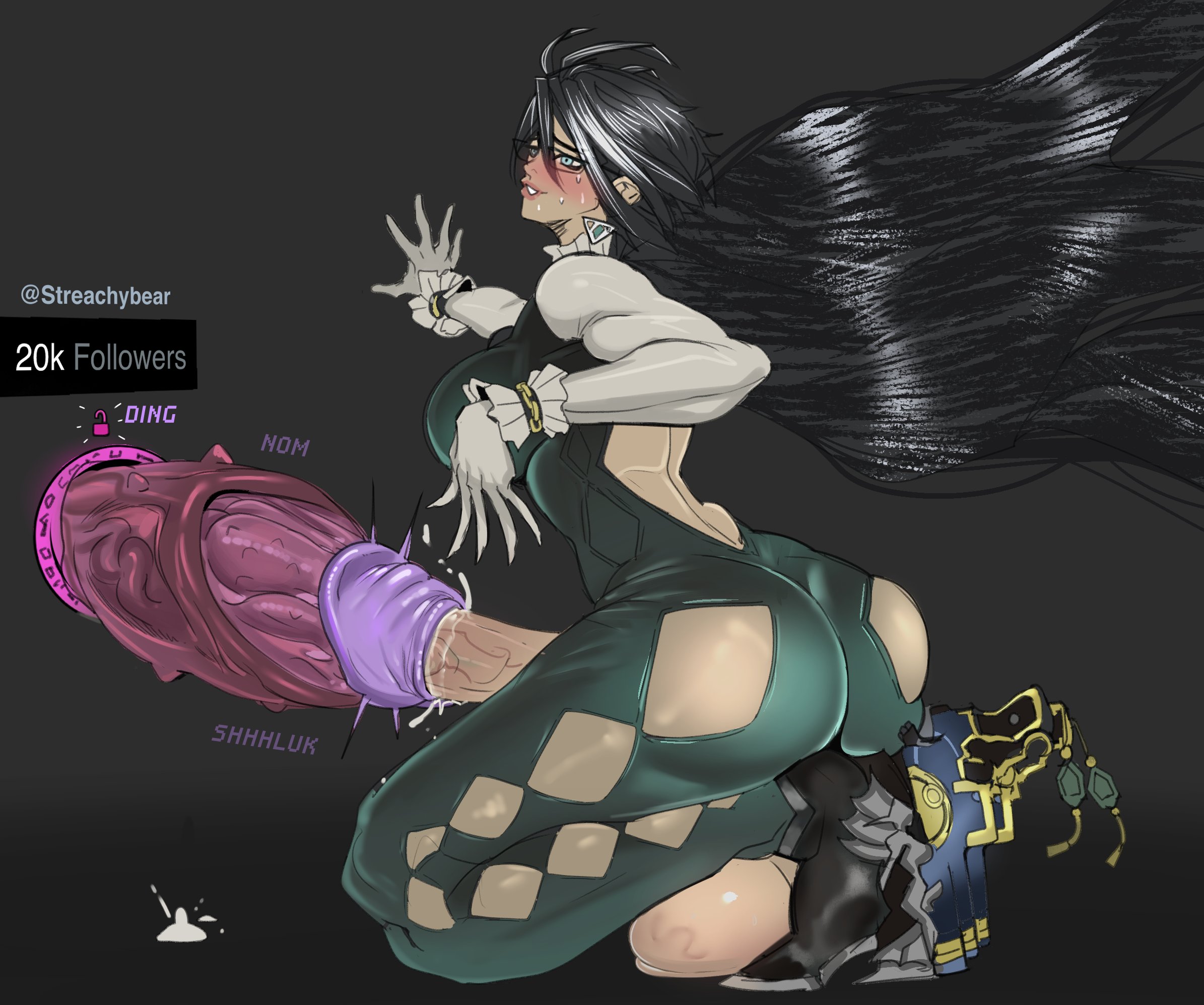 1futa, ass, athletic, athletic futa, balls, bayonetta, bayonetta (character), bayonetta 2, big ass, big breasts, black hair, breasts, clothed, clothing, disembodied penis, docking, erection, futa is smaller, futa only, futa urethral insertion, futanari, gigantic penis, glory hole, gloves, huge balls, huge cock, human, human penetrating, hyper penis, intersex, kneeling, large breasts, light skin, light-skinned futa, long hair, mostly clothed, pale skin, penile urethral insertion, penis, portal, portal (object), purple glans, solo, streachybear, text, urethral, urethral insertion, urethral penetration, very high resolution