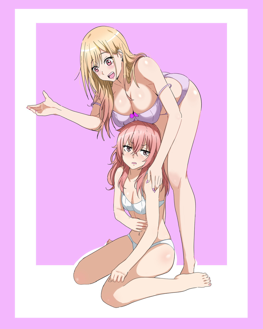 2girls annoyed barbell_piercing barefoot blonde_hair boob_hat bra breast_rest breast_size_difference breasts breasts_on_head brown_eyes cleavage colored_tips earrings feet female female_only full_body gyaru hair_between_eyes hanging_breasts highres human industrial_piercing inui_sajuna jewelry kitagawa_marin large_breasts leaning_forward long_fingernails long_hair looking_to_the_side multicolored_hair multiple_earrings multiple_girls multiple_piercings nail_polish navel on_floor open_mouth panties petite piercing pink_background pink_hair pink_nails purple_bra purple_panties red_eyes sbel02 shiny shiny_skin sitting size_difference small_breasts sono_bisque_doll_wa_koi_wo_suru standing stud_earrings thighs underwear underwear_only wariza white_bra white_panties