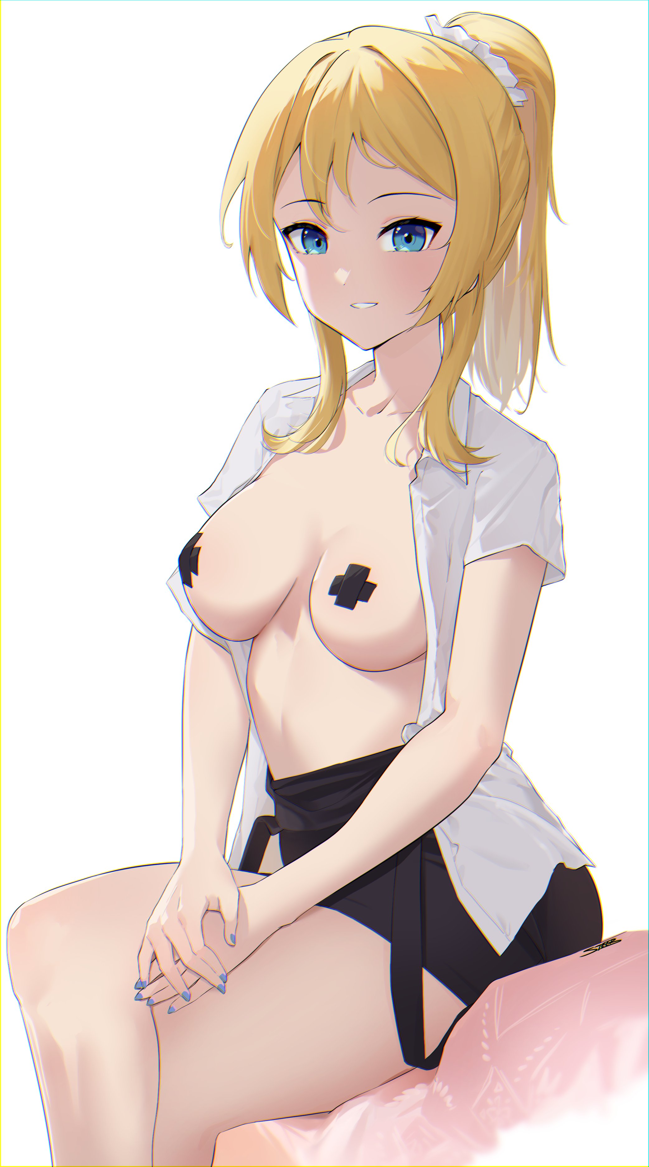1girls, absurdres, ayase eli, bangs, black pasties, black skirt, blonde hair, blue eyes, blue nails, breasts, cross pasties, crossed legs, female, hair ornament, hair scrunchie, highres, looking at viewer, love live!, love live! school idol project, medium breasts, open clothes, open shirt, own hands together, parted lips, pasties, ponytail, scrunchie, shirt, sidelocks, sitting, skirt, solo, steeb, suspender skirt, suspenders, suspenders hanging, thighs, white shirt