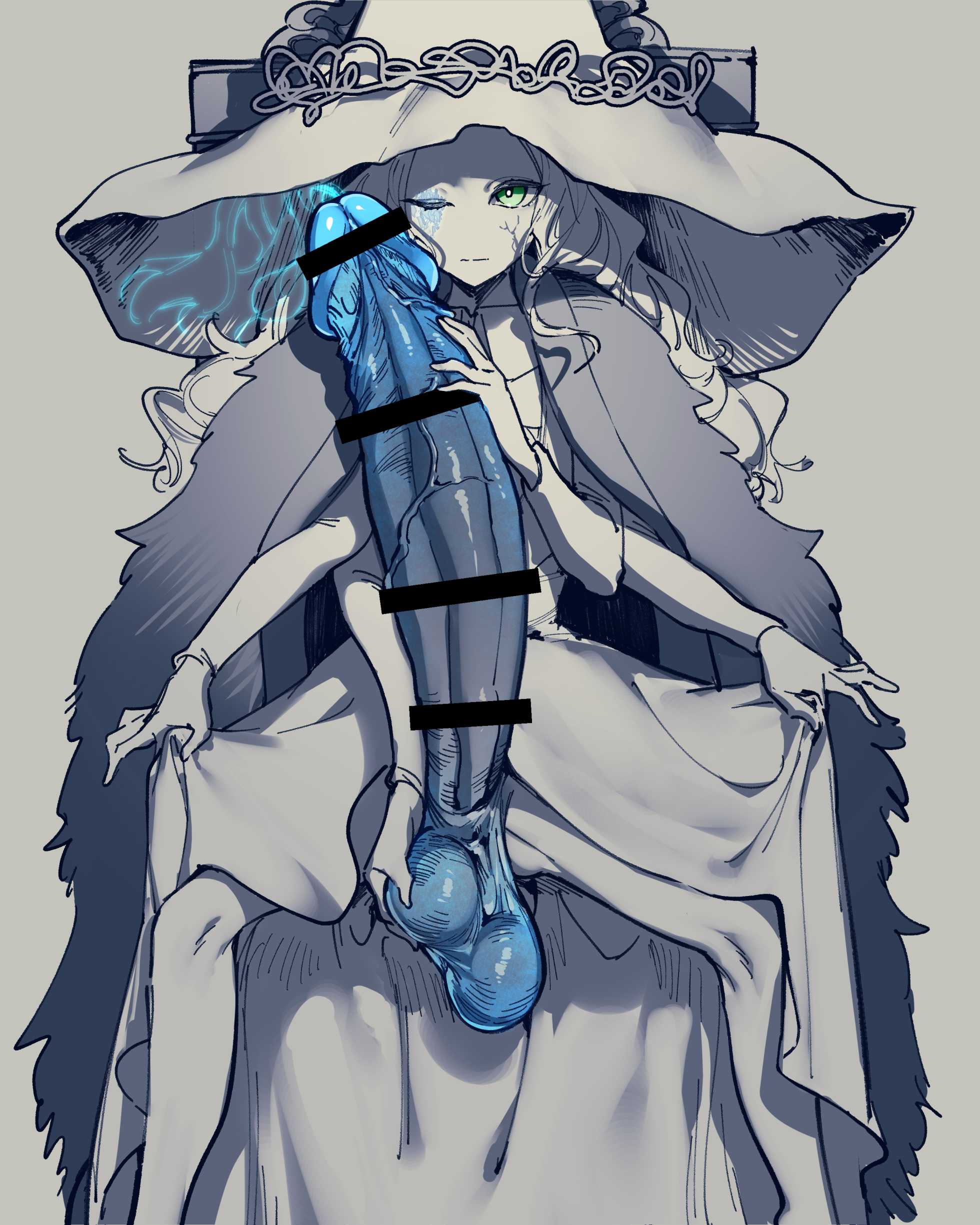 1futa, balls, big balls, blue penis, caressing balls, caressing testicles, censored, clothed, clothing, doll, doll joints, dress, dress lift, elden ring, erection, fromsoftware, futa only, futanari, glowing, glowing penis, hat, huge cock, humanoid, humanoid penis, intersex, long hair, long penis, mirin chikuwa, monochrome, mostly clothed, multi arm, multi limb, penis, penis out, penis under clothes, ranni the witch, solo, spread legs, standing, testicles, witch hat