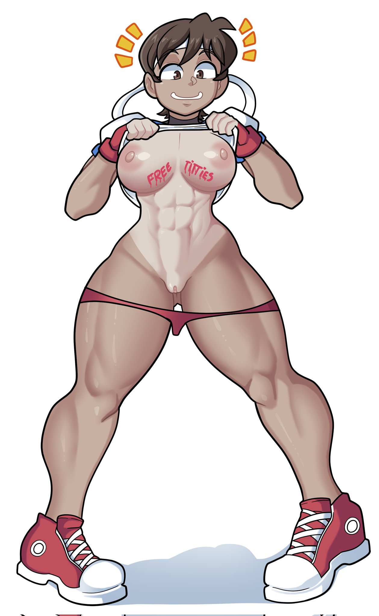 1girls, abs, body writing, brown hair, capcom, female, grin, muscular, muscular female, sakura kasugano, short hair, sneakers, solo, street fighter, tanline, tanlines, theironmountain, tomboy, very short hair