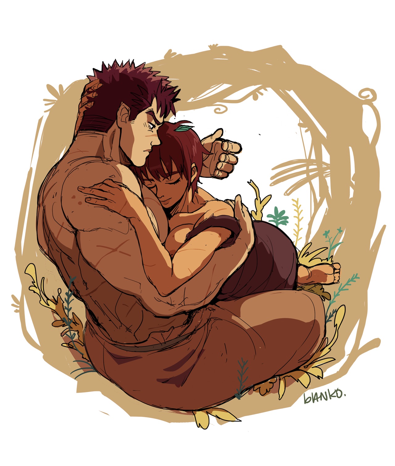 1boy, 1boy1girl, 1girls, barefoot, berserk, black hair, breasts, canon couple, casca, couple, dark skin, dark-skinned female, female, guts (berserk), human, interracial, light skin, light-skinned male, love, male, muscular, muscular male, romantic, short hair, very short hair, wholesome