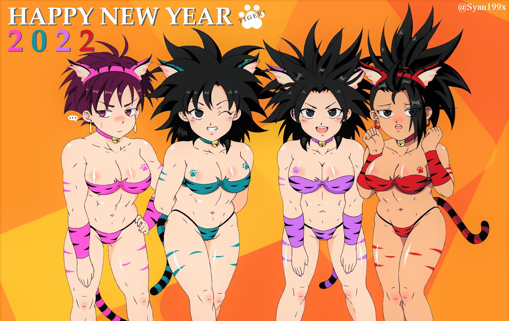 :o, ..., 4girls, bell, black eyes, black hair, blush, body markings, breasts, caulifla, choker, cleavage, dragon ball, dragon ball super, dragon ball z, earrings, female, female only, female saiyan, gine, hair over one eye, kale, lingerie, looking at viewer, looking away, multiple females, multiple girls, navel, new year, one eye closed, open mouth, orange background, petite, purple eyes, purple hair, saiyan, saiyan tail, seripa, short hair, smile, speech bubble, spiky hair, sweatdrop, syan199x, tail, thick thighs, thong, tiger ears, tiger print, tiger tail, toned, toned female, tubetop, universe 6, universe 6/universe 7, watermark, wink, wristband