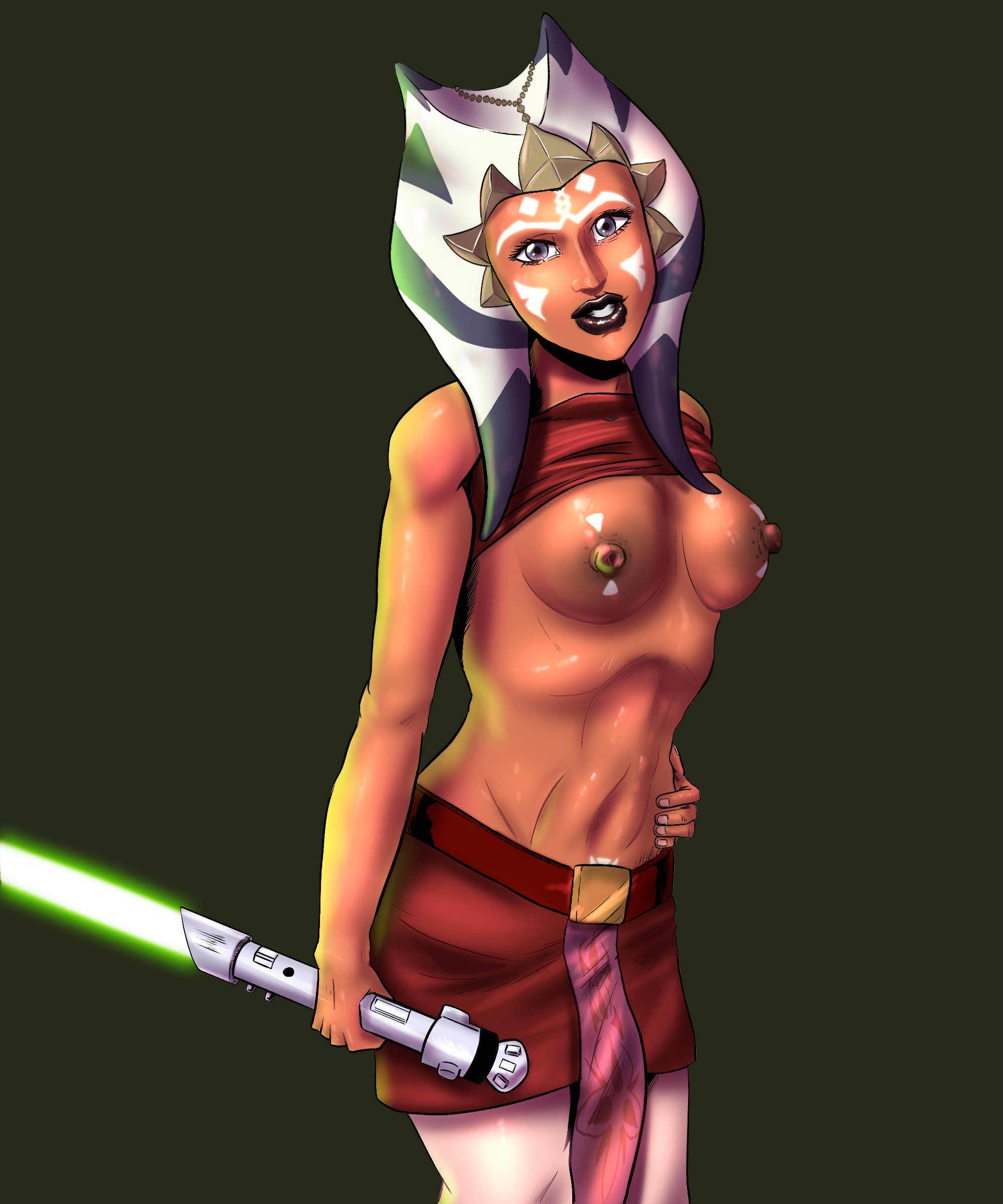 1girls, 2d, ahsoka tano, alien, alien girl, areola, areolae, athletic, athletic female, background, belt, beltskirt, big areola, big breasts, big nipples, breasts, breasts out, busty, clone wars, clothing aside, dark lipstick, eyelashes, eyes, facial markings, female, female only, fingernails, flashing, flashing breasts, green background, green lightsaber, green lipstick, hand on hip, hips, holding object, holding sword, holding weapon, horn, hotsriracha, hourglass figure, humanoid, jedi, jedi padawan, leggings, lightsaber, lips, loincloth, looking at viewer, markings, melee weapon, miniskirt, navel, nipples, oil, open eyes, orange body, orange skin, pantyhose, parted lips, perky breasts, plain background, plump lips, pose, presenting, presenting breasts, pubic tattoo, red clothing, ribs, science fiction, shiny skin, shirt, shirt up, side view, sideboob, simple background, skinny, skirt, slim waist, small breasts, solo, solo female, standing, star wars, sword, tattoo, teeth, teeth clenched, tentacle, tentacle hair, the clone wars: season one, thighs, tubetop, weapon, white markings, wide hips