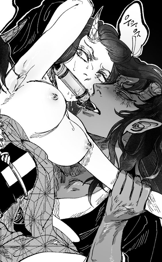 1boy black_white breasts defeated demon_boy demon_girl demon_horns demon_slayer dominant_male female hantengu kamado_nezuko kimetsu_no_yaiba licking nezuko_kamado rape rough_sex sekido submissive_female