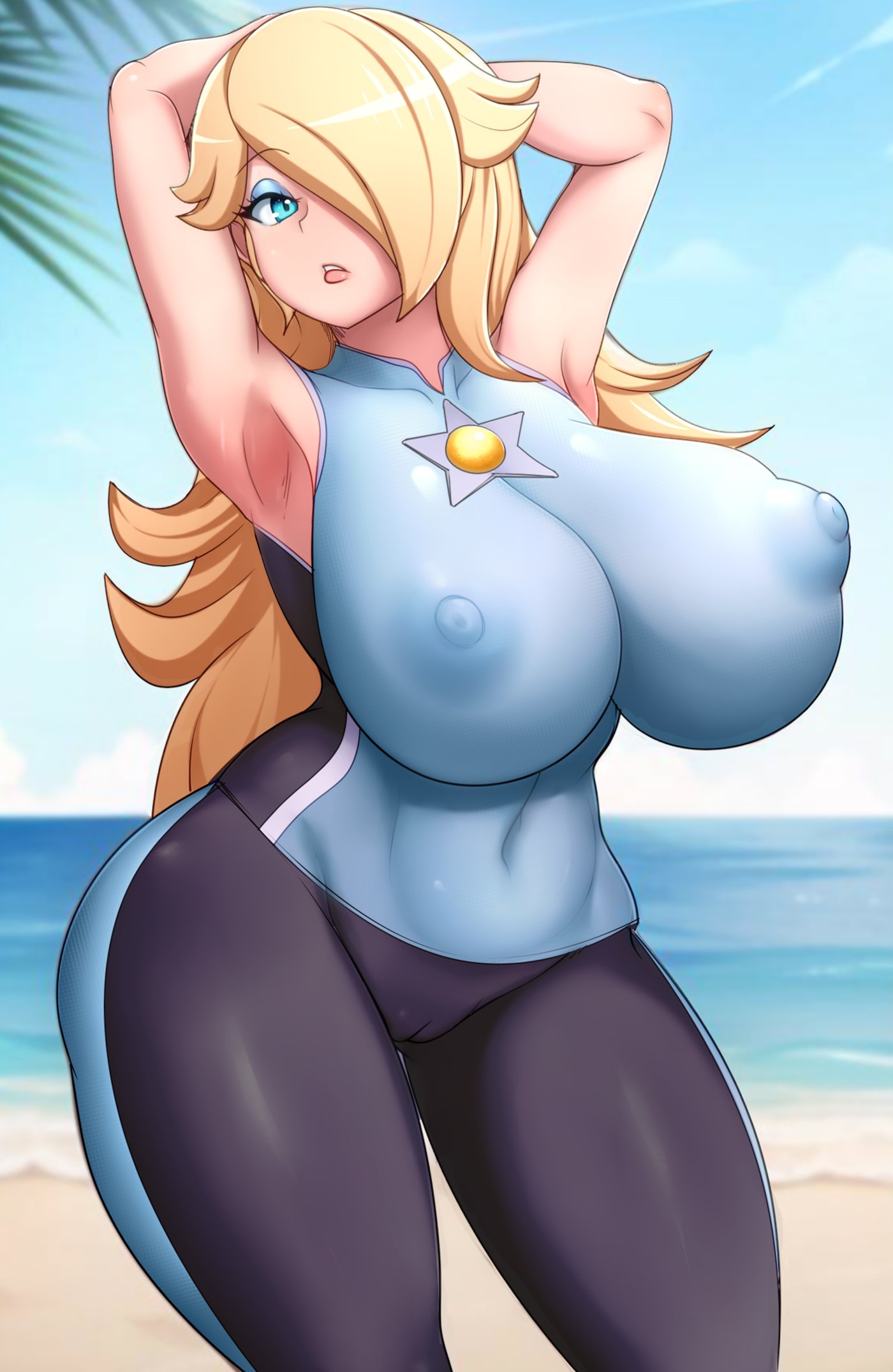 1girls armpits arms_up beach big_breasts blonde_hair blue_eyes bodysuit breasts cameltoe commission cucarachaaa female hi_res hips huge_breasts light-skinned_female light_skin long_hair mario_(series) mario_and_sonic_at_the_olympic_games nintendo outdoors princess_rosalina super_mario_galaxy water wetsuit wide_hips