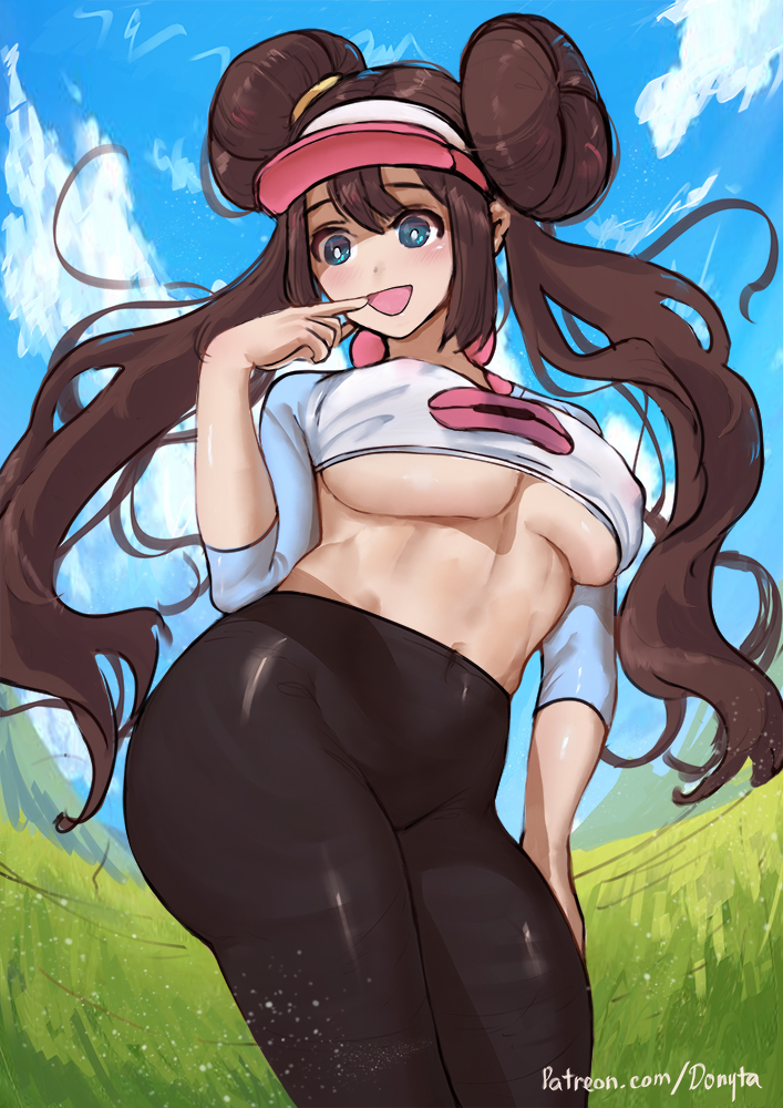 1girls 2022 alternate_breast_size artist_signature blue_eyes blush breasts brown_hair clothed clothed_female crop_top detailed_background donyta female female_only hat hips large_breasts leggings long_hair nintendo outdoors pokemon pokemon_bw2 rosa_(pokemon) slim_waist smile thick_thighs thighs tights twin_buns twintails underboob visor visor_cap white_hat wide_hips