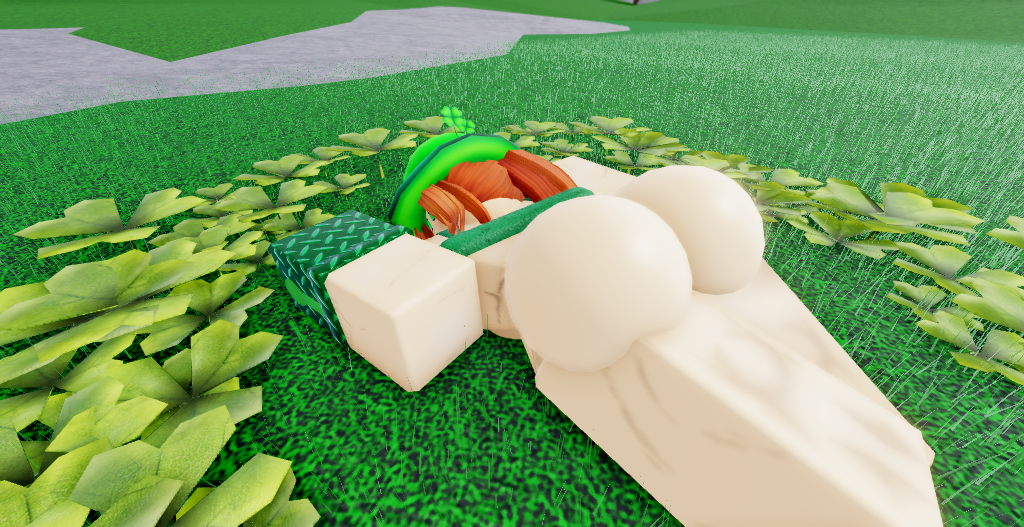 1girls 3d abs amy_(idontusethismuch) ass ass_focus ass_up breasts clovers freckles ginger ginger_hair grass green_eyes hat idontusethismuch idutm irish laying_down laying_on_stomach metal_arm muscular muscular_female oc original_character pussy relaxed relaxing roblox robloxian self_upload st._patrick's_day strong tank_top tank_top_up vagina