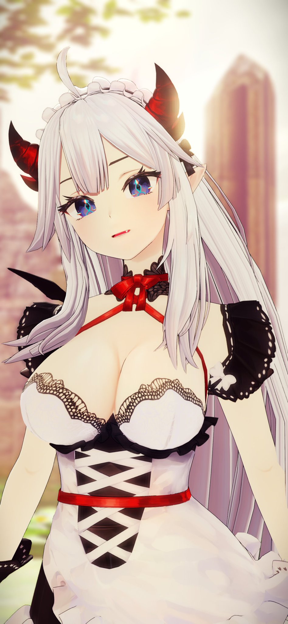 3d, blue eyes, breasts, demon, female, horns, maid, succubus, veibae, virtual youtuber, vshojo, white hair
