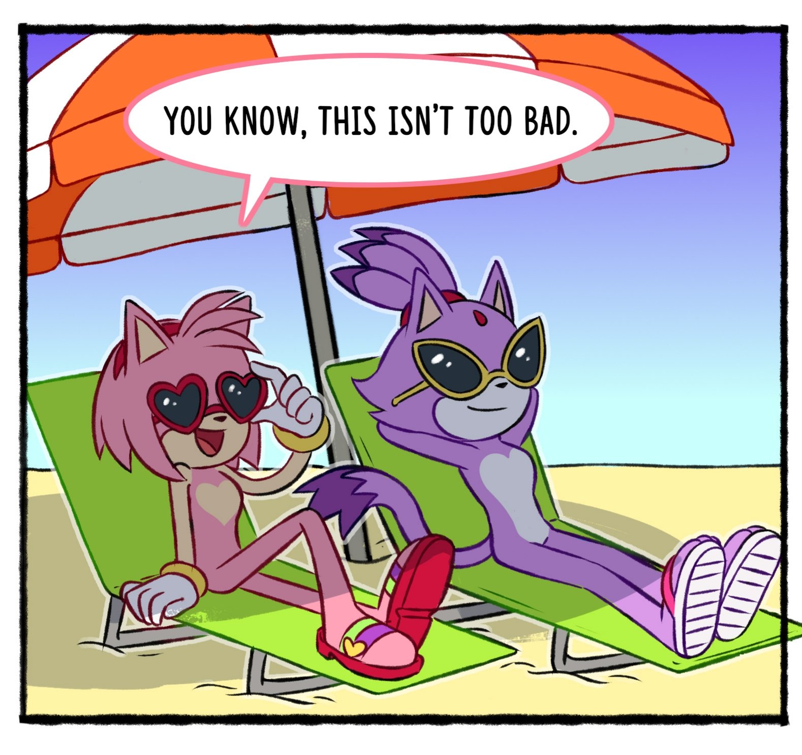 2girls, amy rose, anthro, anthro only, beach, blaze the cat, breasts, casual, casual nudity, clothing, comic page, english, english text, exposed torso, featureless breasts, featureless crotch, fedoragato, female, female only, footwear, furry, furry only, handwear, humor, mostly nude, naked, naked footwear, no nipples, nonsexual, nonsexual nudity, nude, nude female, nudist, outdoors, public nudity, relaxing, sonic (series), sonic x, speech bubble, sunglasses, swimwear