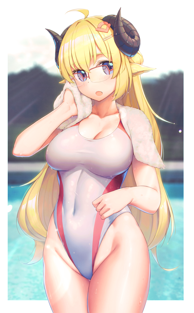 :o ahoge animal_ears bangs bare_arms bespectacled blonde_hair breasts cleavage collarbone competition_swimsuit covered_navel cowboy_shot day female glasses groin hair_ornament hairclip head_tilt highleg highleg_swimsuit highres holoforce hololive hololive_japan horns large_breasts legs_together light_rays long_hair looking_at_viewer one-piece_swimsuit open_mouth outdoors pool purple_eyes red-framed_eyewear rotix semi-rimless_eyewear sheep_ears sheep_girl sheep_horns shiny shiny_clothes shiny_hair shiny_skin sidelocks solo standing sunlight swimsuit taut_clothes taut_swimsuit towel towel_around_neck tsunomaki_watame virtual_youtuber wet wet_clothes white_swimsuit wiping_face