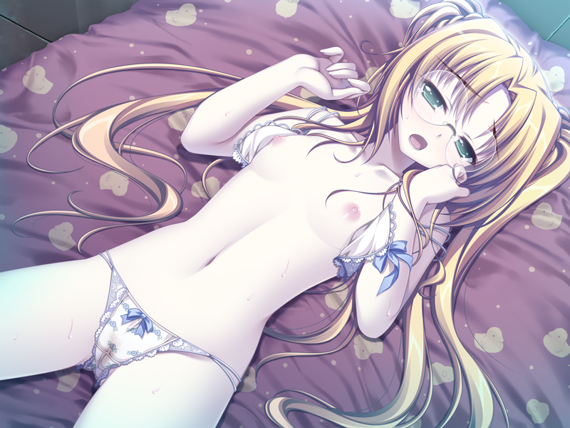 alpha_(yukai_na_nakamatachi) bangs bed_sheet blonde_hair blue_ribbon bow_bra bow_panties bra braid breasts cowboy_shot eyebrows_visible_through_hair female game_cg glasses green_eyes hair_between_eyes hair_intakes half-closed_eyes kuribayashi_hatoko long_hair lying navel nipples okiba_ga_nai! on_back open_bra open_mouth panties print_panties ribbon rimless_eyewear round_eyewear small_breasts solo twintails underwear very_long_hair white_bra white_panties