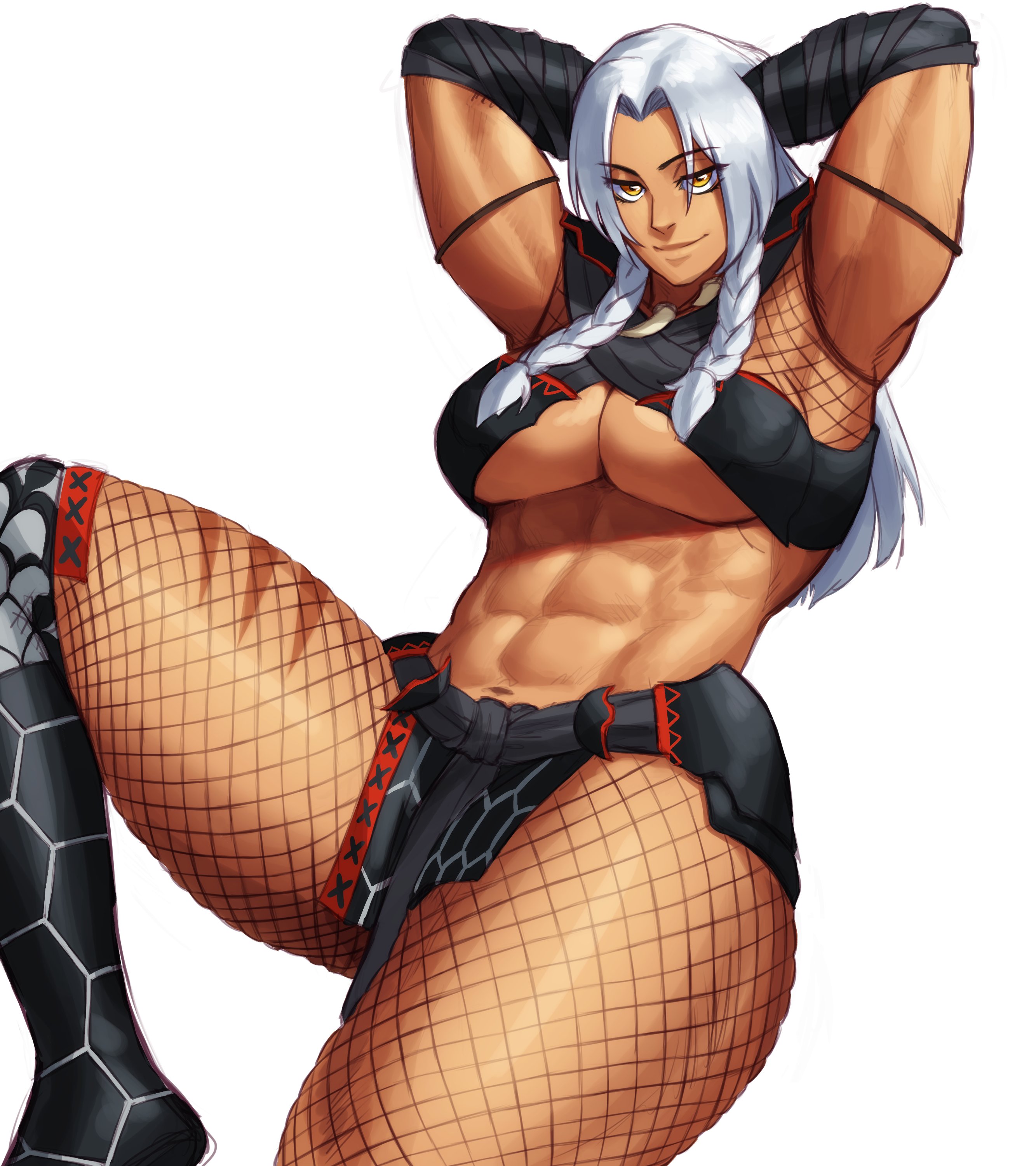 1girls, abs, arms behind head, braid, breasts, female, female only, fishnet pantyhose, fishnets, long hair, looking at viewer, muscular, muscular female, narrowed eyes, orange eyes, smiling, smiling at viewer, solo, solo female, sotcho, thick thighs, twin braids, underboob, very high resolution, white background, white hair