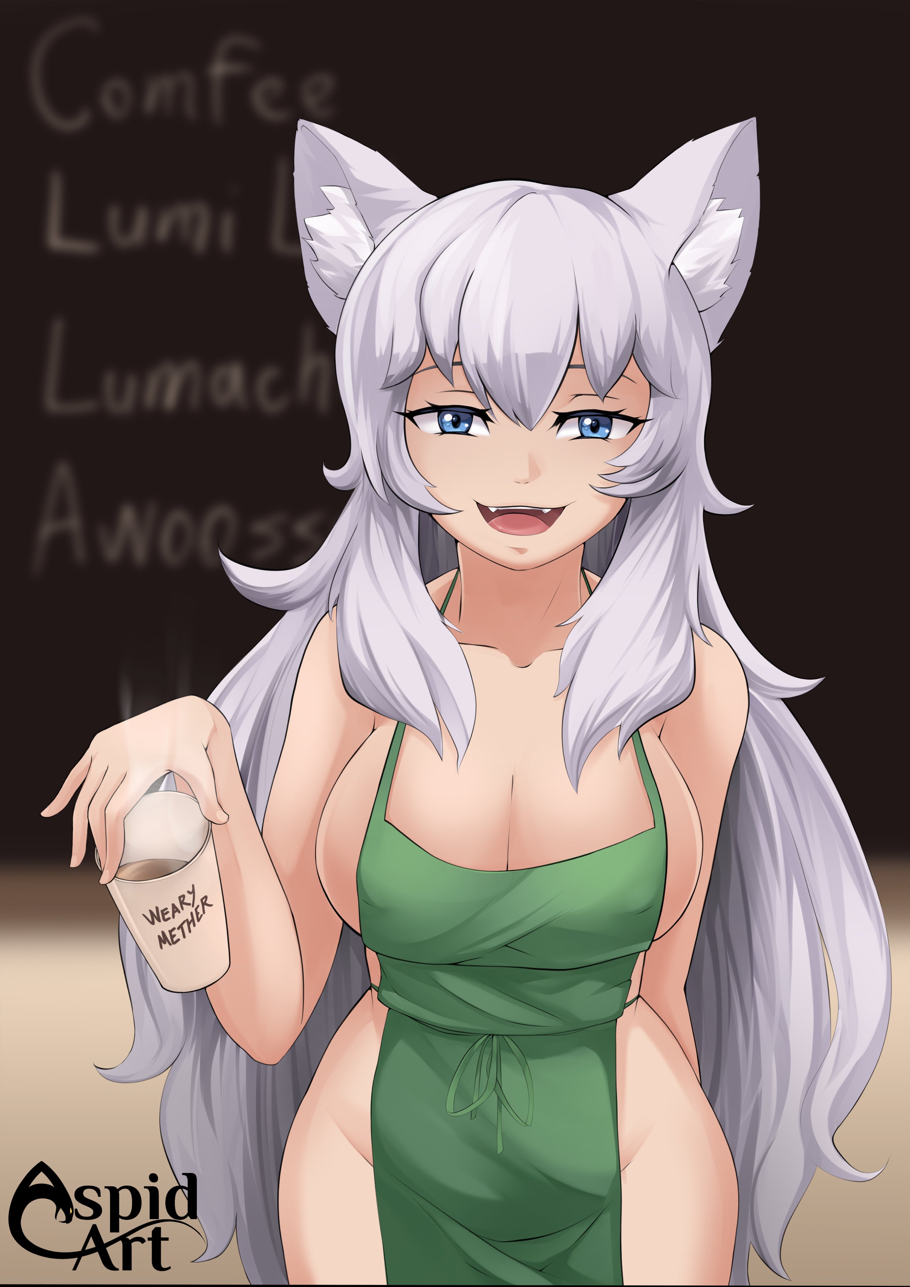 1girls, aspid art, big breasts, blue eyes, breasts, clothed, clothing, curvy, fangs, female, female only, iced latte with breast milk, indie virtual youtuber, large breasts, long hair, looking at viewer, lumi (merryweather), meme, mostly nude, naked apron, sharp teeth, smile, solo, standing, uniform, very long hair, virtual youtuber, white fur, white hair, wide hips, youtube