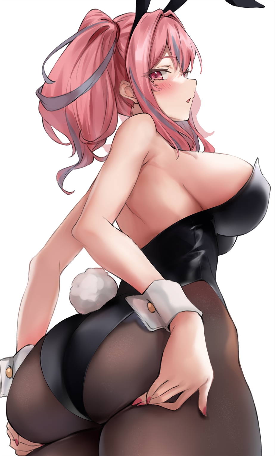 1girls, 2022, alternate costume, alternate version available, animal ears, ass, azur lane, bare shoulders, blush, breasts, bremerton (azur lane), brown legwear, bunny ears, bunny tail, fake animal ears, female, female focus, female only, fingernails, grey hair, highres, large breasts, looking at viewer, marisasu (marisa0904), multicolored hair, nail polish, pantyhose, pink eyes, pink hair, playboy bunny, red nails, short hair, sideboob, simple background, solo, solo female, tail, two-tone hair, white background