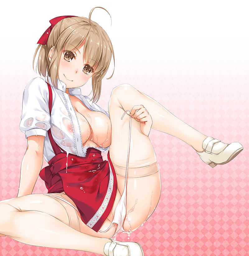 ahoge arm_support bangs bow brown_eyes brown_hair brown_legwear closed_mouth collared_shirt commentary_request eyebrows_visible_through_hair female gradient gradient_background hairbow leg_up looking_at_viewer nakajima_yuka no_bra open_clothes open_shirt original panties pink_background pussy_juice red_bow red_skirt sample_watermark see-through see-through_shirt shirt shoes short_hair short_sleeves side-tie_panties sitting skirt smile solo spread_legs suspender_skirt suspenders thighhighs thighs underwear undressing untied untied_panties wet wet_clothes white_footwear white_panties white_shirt