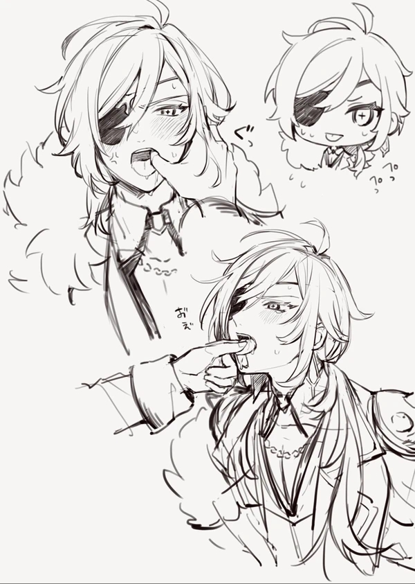 adorable, artist request, blush, blushing, brother, collar, cute, cute face, diluc (genshin impact), drool, drooling, embarrassed, eyepatch, fingers in mouth, genshin impact, incest, kaeya (genshin impact), little brother, male, male focus, male only, solo focus, sweat, sworn brothers, tongue, tongue out