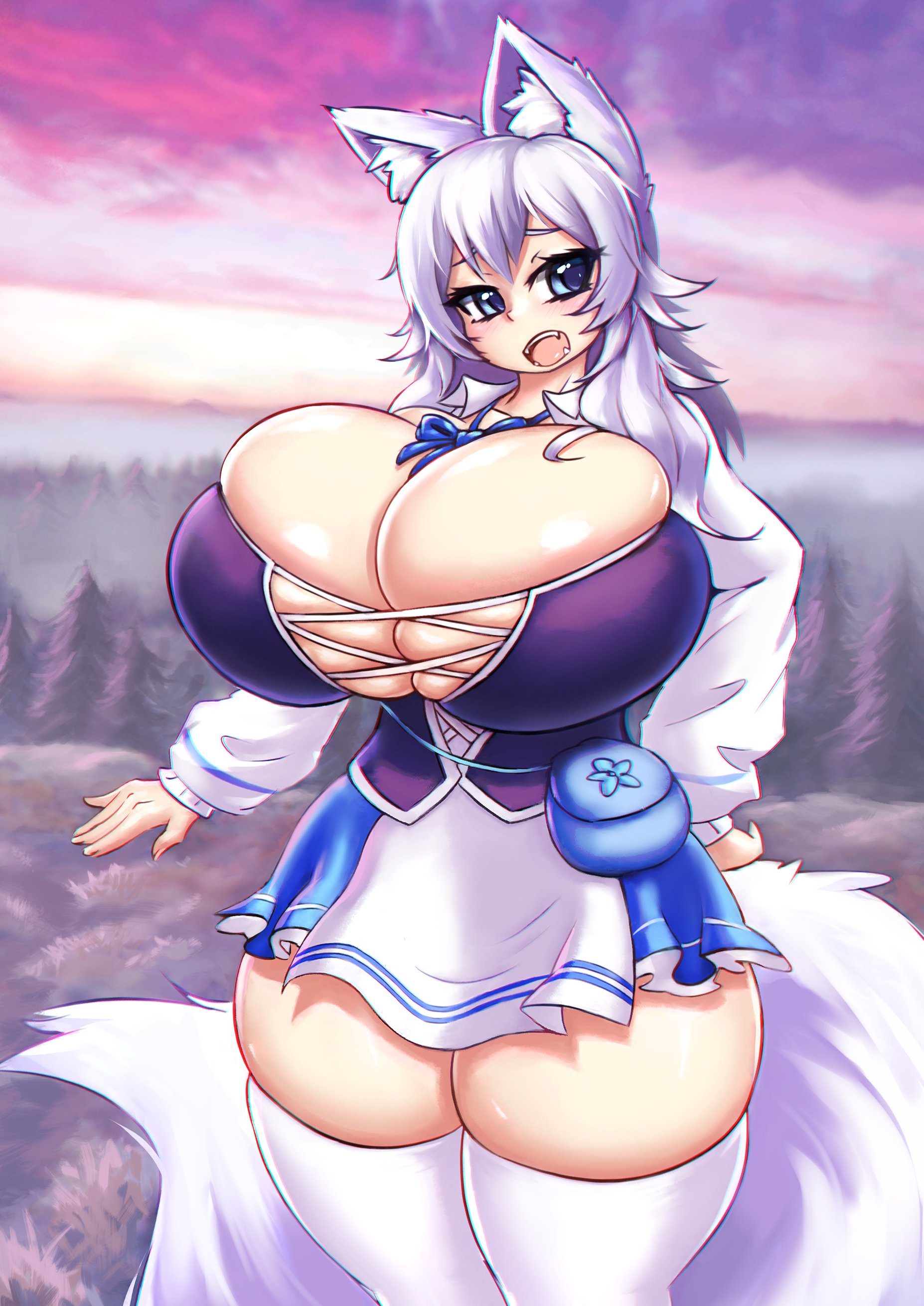 1girls, big breasts, breasts, female, female only, gigantic breasts, huge breasts, indie virtual youtuber, long hair, looking away, lumi (merryweather), mochifoxxo, ready to pop, silver fur, silver hair, skirt, solo, standing, thick thighs, thighhighs, tight clothing, tight fit, very long hair, virtual youtuber, white fur, white hair, white thighhighs, wolf, wolf ears, wolf girl, wolf humanoid, wolf tail