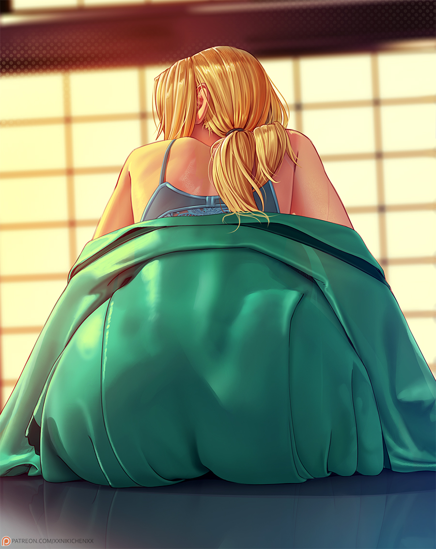 arm support, ass, ass crack, ass focus, back view, backboob, bare shoulders, bench, big ass, big breasts, blonde hair, bottom heavy, bottomless, bra, breasts, butt crack, faceless, faceless female, facing away, fat ass, female, from behind, huge ass, kimono, kimono down, kimono pull, large breasts, light skin, light-skinned female, lingerie, long hair, low twintails, low-angle view, lower body, mature, mature female, naruto, naruto (classic), naruto (series), naruto shippuden, no pants, on bench, presenting, presenting ass, presenting hindquarters, rear view, short kimono, sitting, solo, solo female, solo focus, tsunade, twintails, xxnikichenxx