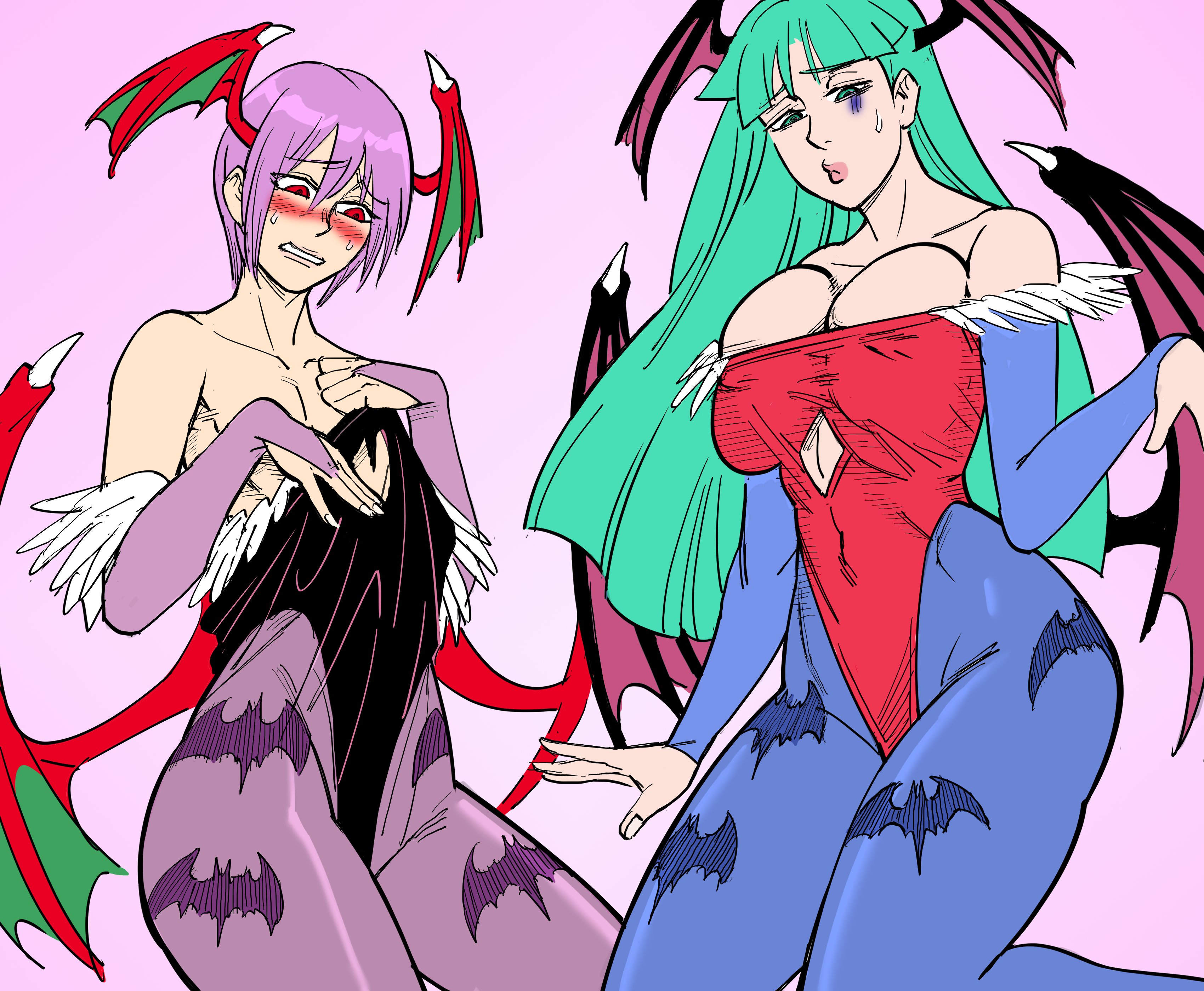 2girls, bat print, bb (baalbuddy), blue pantyhose, blush, breast press, breasts, capcom, clothing, clothing swap, color, color edit, darkstalkers, demon, demon wings, edit, embarrassed, female, female only, flat chest, flat chested, green eyes, green hair, head wings, large breasts, leotard, lilith aensland, long hair, loose clothes, morrigan aensland, narrowed eyes, pantyhose, pink background, purple hair, purple pantyhose, red eyes, short hair, sisters, succubus, tight clothing, very high resolution, wings