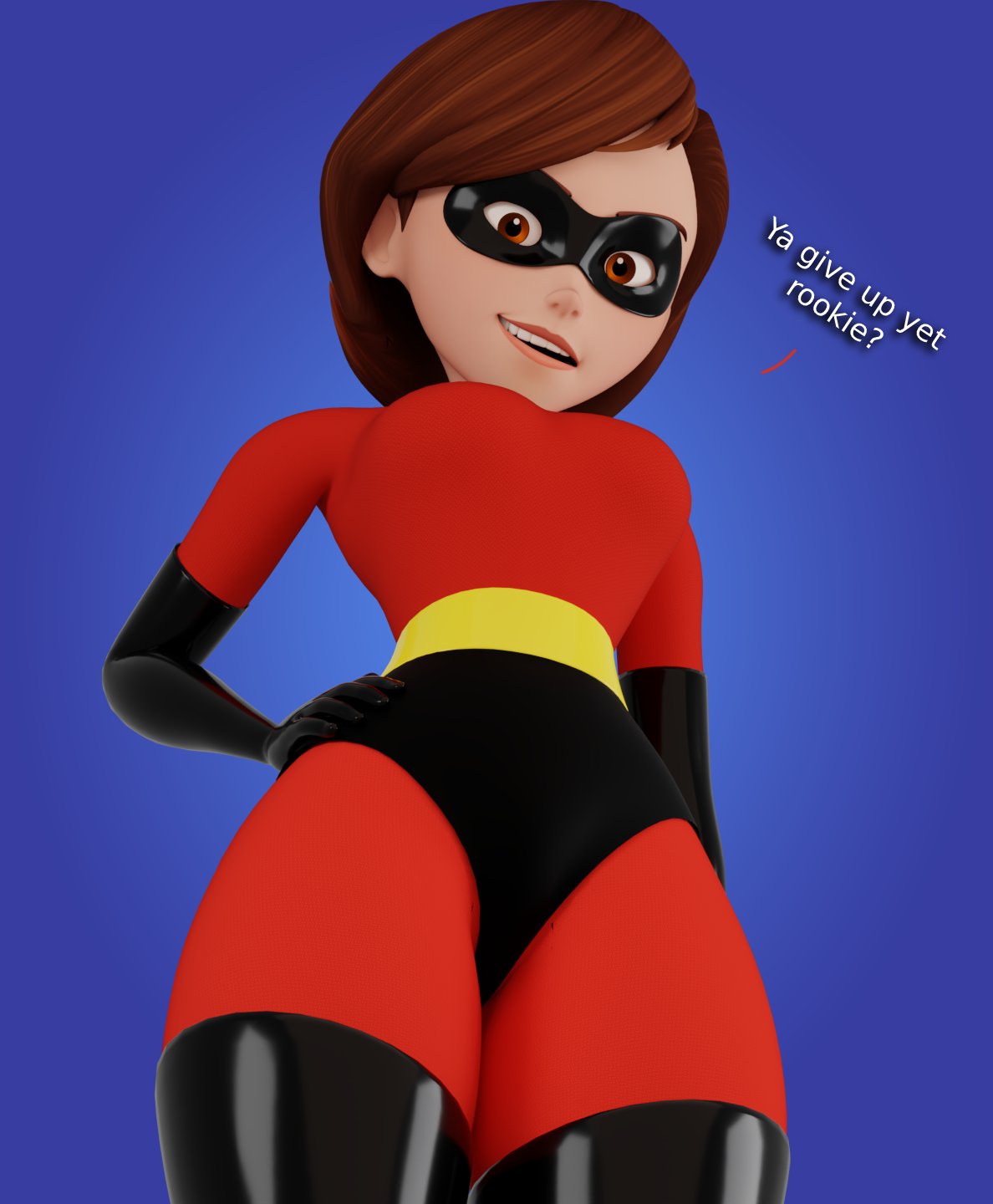 1girls, 3d, 3d (artwork), ass, big breasts, blender (software), breasts, dialogue, disney, domino mask, elastigirl, english text, female, female only, fit, helen parr, human, large ass, large breasts, legs, looking at viewer, low-angle view, mature female, milf, narrow waist, pixar, smitty34, smooth skin, solo, spandex, suit, superheroine, the incredibles, thick ass, thick thighs, thighhighs, thighs, viewed from below, wide hips