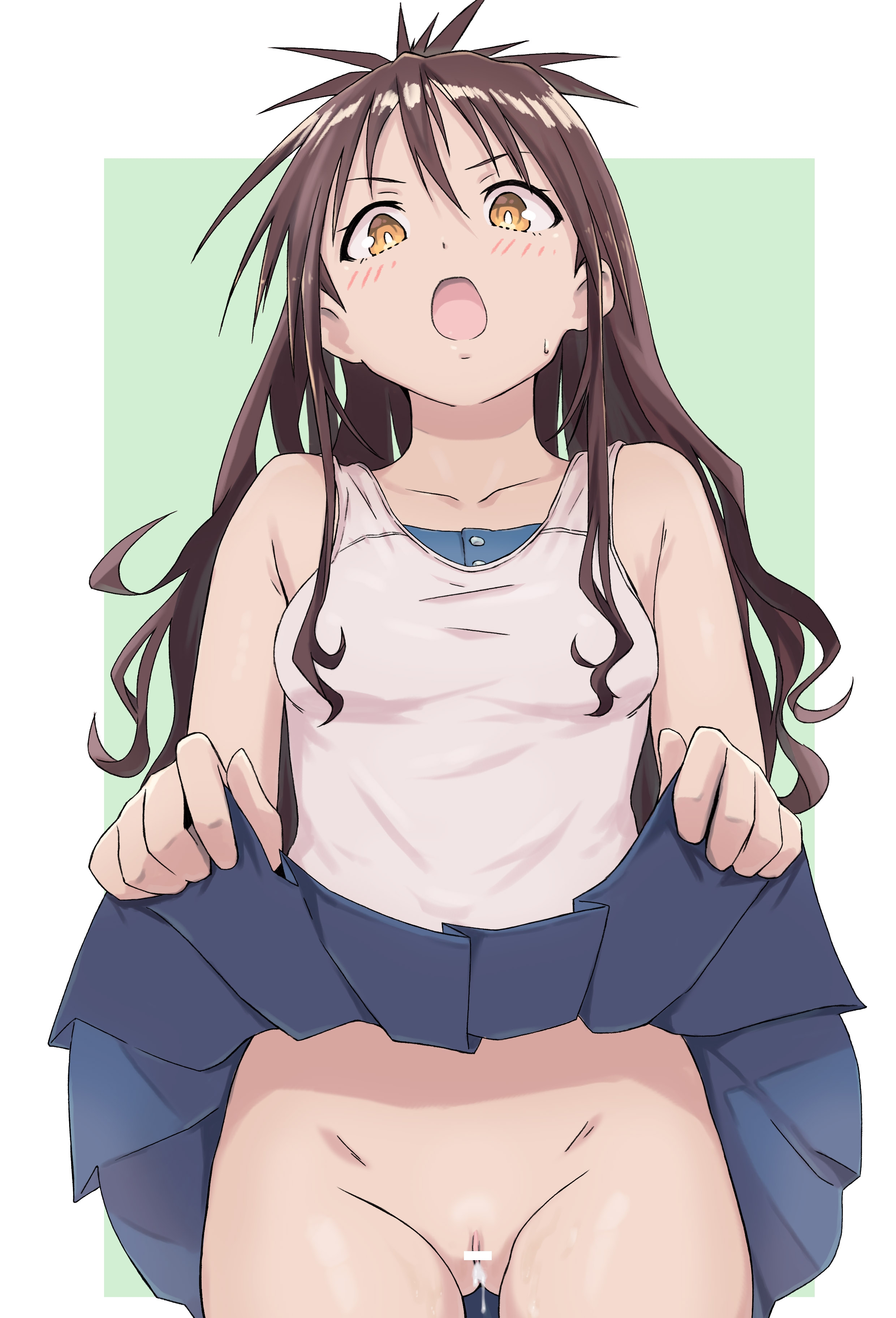 arad baranga, blush, breasts, brown eyes, brown hair, censored, clothing, female, flashing, hair ornament, looking at viewer, no panties, pussy, pussy juice, skirt, skirt lift, small breasts, to love-ru, to love-ru darkness, yuuki mikan