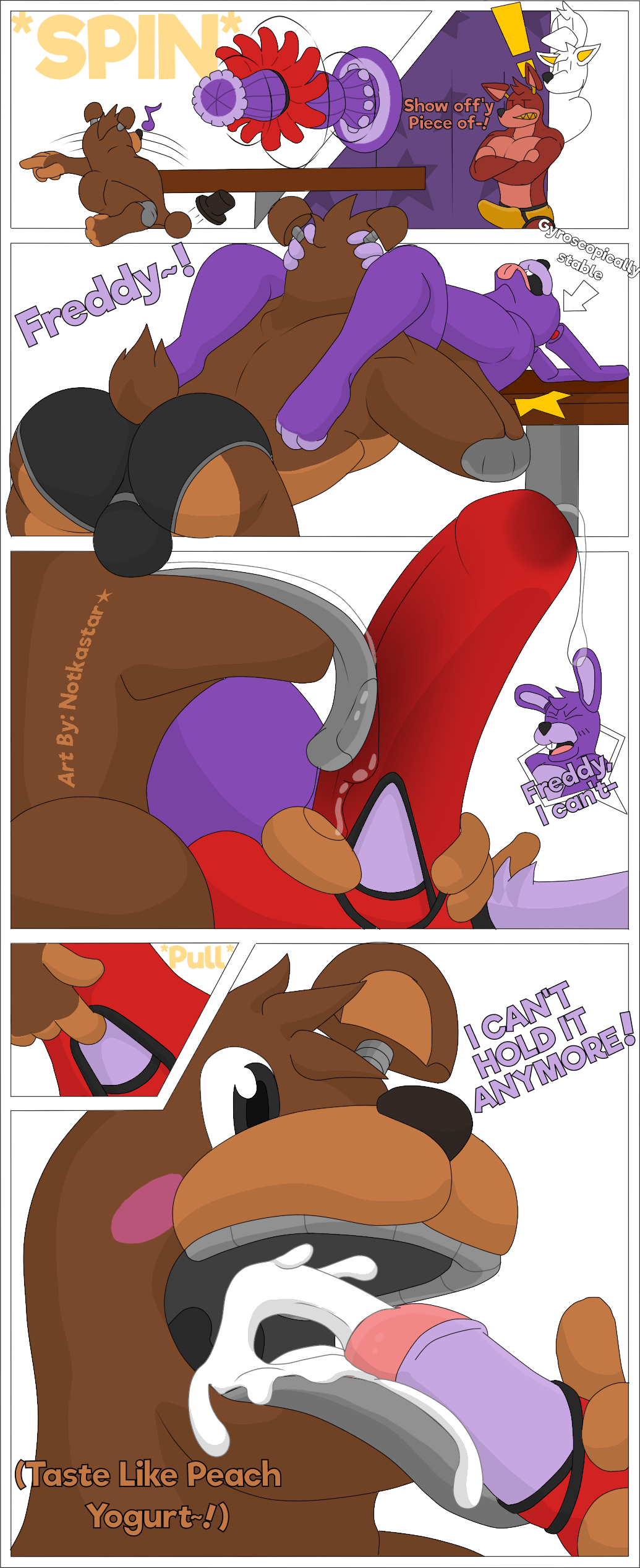 absurd_res anthro bodily_fluids bonnie_(fnaf) briefs bulge canid canine canis clothed clothing clothing_aside cum cum_in_mouth cum_inside dialogue duo ejaculation erection erection_pushing_underwear erection_under_clothing fellatio five_nights_at_freddy's fox foxy_(fnaf) freddy_(fnaf) genital_fluids head_between_thighs hi_res lagomorph leporid licking male male/male mammal notkastar oral penile phasianid rabbit scottgames sex signature text tongue tongue_out underwear underwear_aside underwear_sex ursid video_games wolf yaoi zatch_(character)