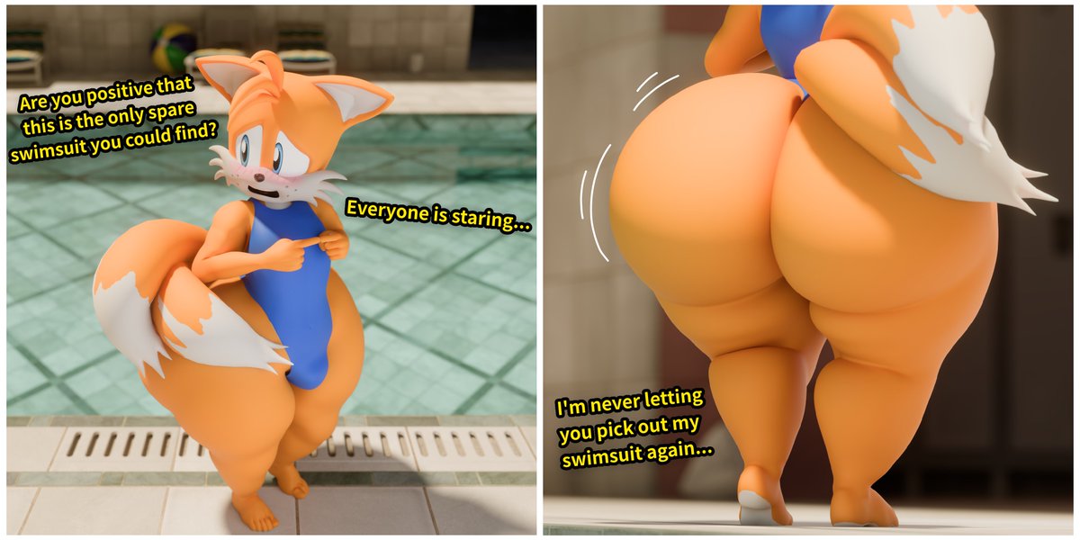 1boy, anthro, anthro only, ass, ass focus, big ass, big butt, blue swimsuit, blue swimwear, blush, blush lines, blushing, butt, butt focus, embarrassed, embarrassed femboy, embarrassed male, femboy, femboy only, fingers together, furry, furry male, furry only, looking at partner, looking back, looking back at partner, male, male only, miles tails prower, pool, poolside, sega, sonic (series), sonic the hedgehog (series), supasuparare, swimming pool, swimsuit, swimwear, tails the fox, thick, thick ass, thick legs, thick thighs, twin tails, white muzzle, white tail tip, yellow body, yellow fur