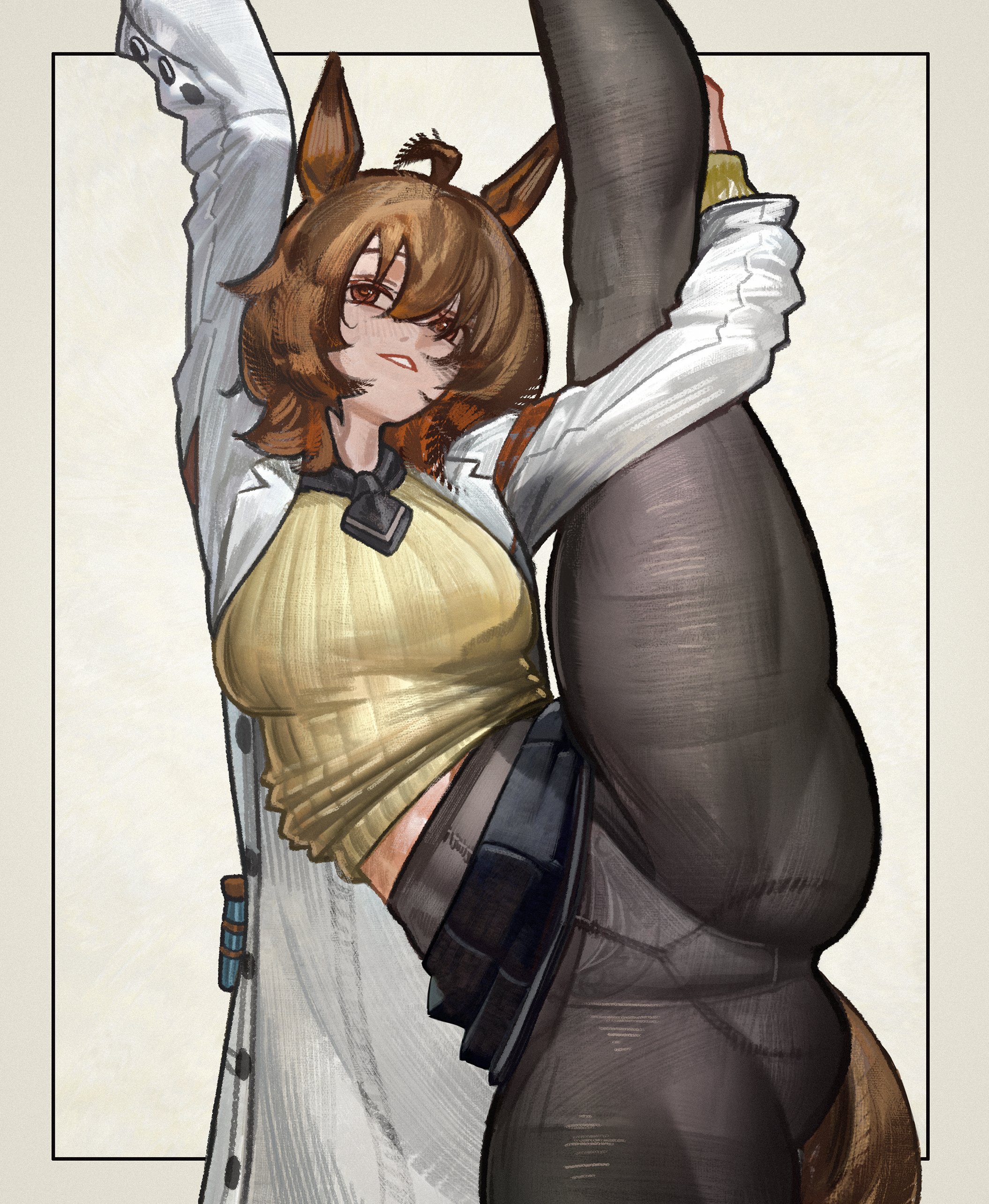 1girls, agnes tachyon (umamusume), artist request, horse girl, leg over head, leg over shoulder, pantyhose, stretching, tagme, umamusume, umamusume pretty derby