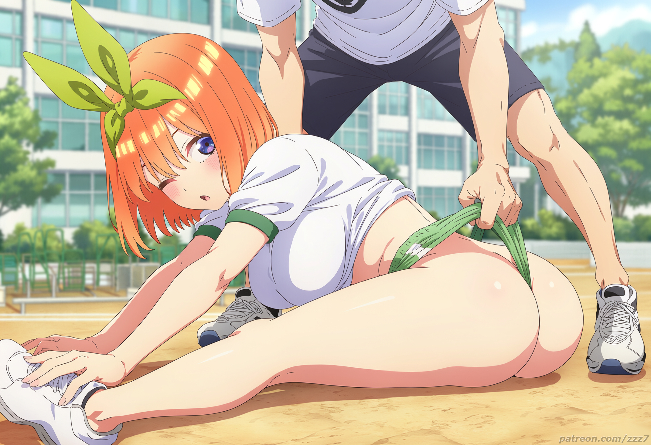 1boy, 1girls, ai generated, big ass, bloomers, blue eyes, buruma, exhibitionism, go-toubun no hanayome, nakano yotsuba, orange hair, the quintessential quintuplets, wedgie, zzz7
