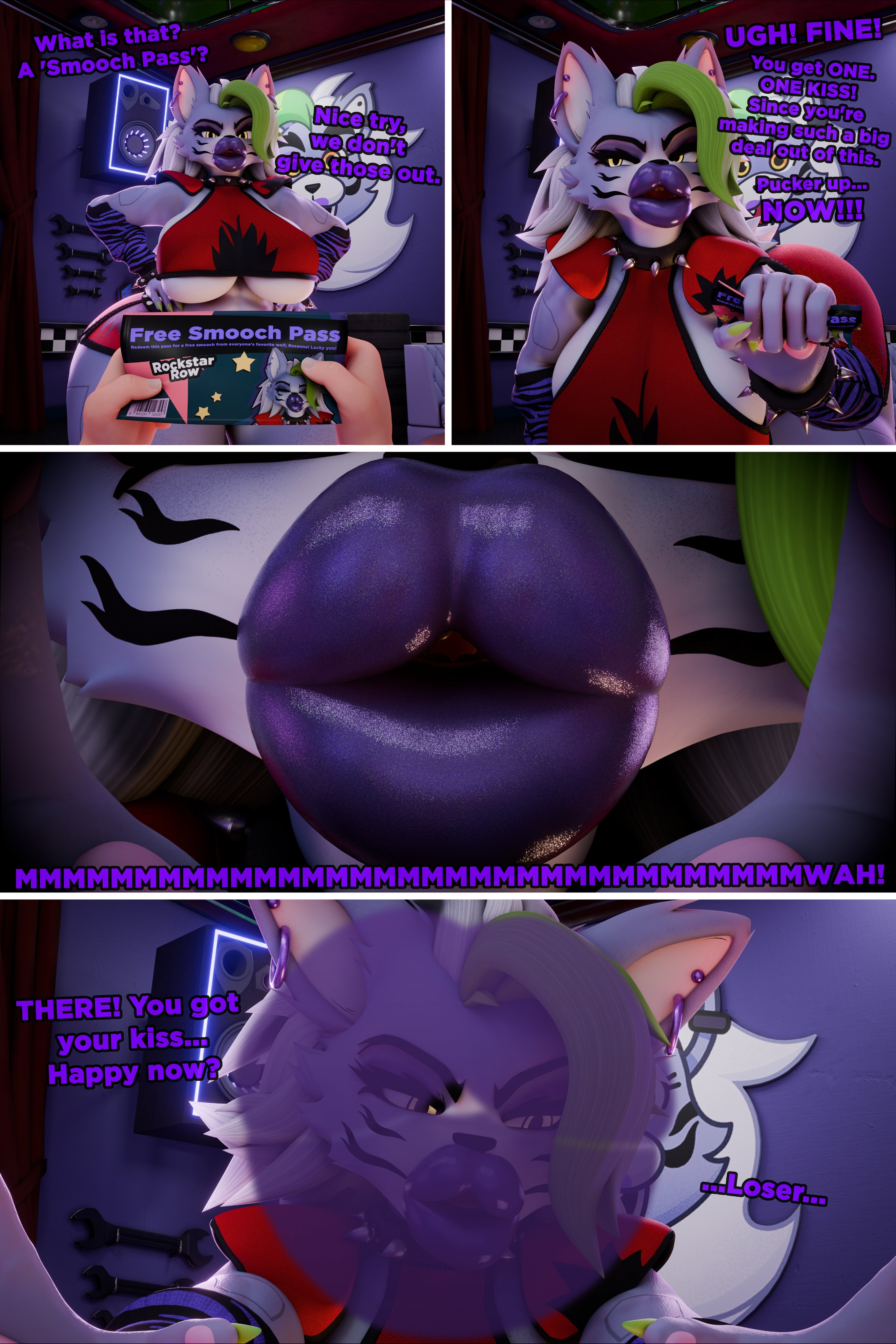 1girl, 3d, 3d (artwork), anthro, anthro on human, anthro only, big boobs, big breasts, big lips, black markings, boobs, breasts, canine, canis, clothed, clothing, collar, ear piercing, earrings, female, five nights at freddy's, five nights at freddy's: security breach, fnaf, furry, furry female, furry only, green hair, huge lips, human, kiss, kiss mark, kissing, kissing viewer, lips, lipstick, lipstick mark, looking at viewer, mascot horror, multicolored hair, pov, purple body, purple fur, purple lipstick, room, room background, roxanne wolf (fnaf), scottgames, spiked collar, spiked wristband, straight, supasuparare, thick, thick ass, thick hips, thick legs, thick thighs, underboob, white hair, wolf, wolf ears, wolf girl, wrist cuffs, wristband