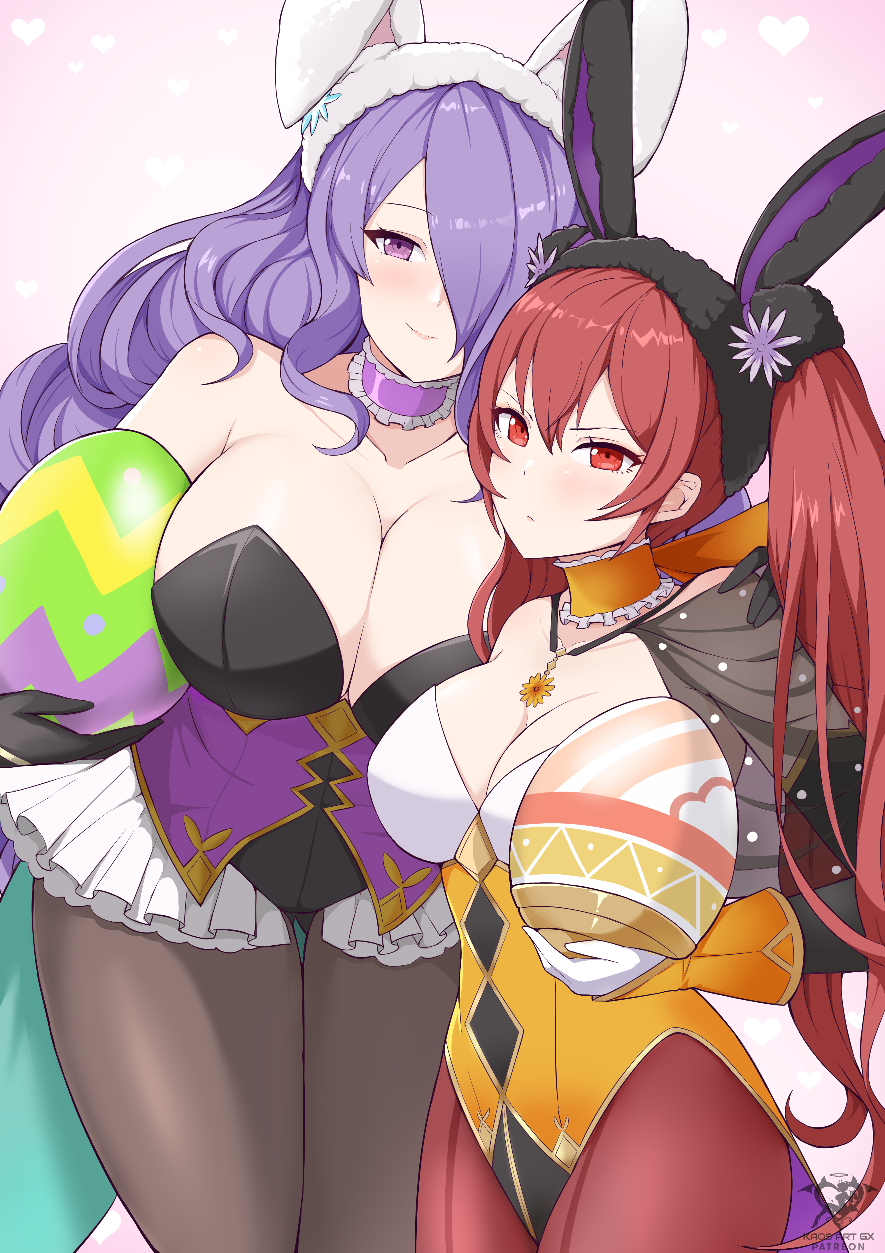 2022, 2girls, absurdres, alternate costume, animal ears, artist logo, artist signature, bare shoulders, black gloves, black legwear, black leotard, blush, breast size difference, breasts, bunny ears, bunny girl, bunnysuit, camilla (fire emblem), cleavage, collarbone, detached collar, easter, easter egg, egg, embarrassed, fake animal ears, female, female only, fire emblem, fire emblem awakening, fire emblem fates, fire emblem heroes, gloves, hair between eyes, hair over one eye, hand on another's shoulder, height difference, hi res, highleg leotard, highres, hips, holding, holding egg, holding object, huge breasts, jewelry, kaos art, large breasts, leggings, leotard, long hair, looking at viewer, medium breasts, multiple females, multiple girls, necklace, nintendo, official alternate costume, pantyhose, purple eyes, purple hair, red eyes, red hair, red legwear, severa (fire emblem), slim waist, smile, strapless, strapless leotard, thick thighs, thigh gap, thighs, tights, twintails, white gloves, white leotard, wide hips